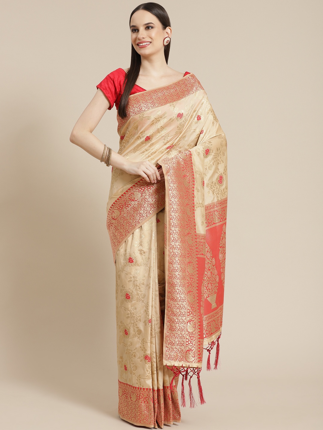

Mitera Beige & Red Ethnic Motifs Woven Design Zari Saree