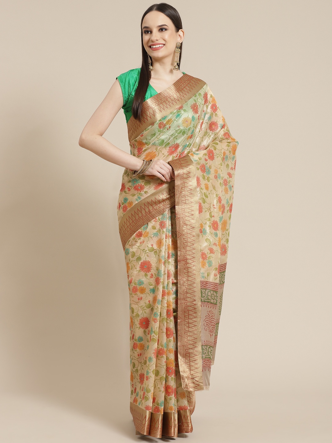 

Mitera Beige & Pink Floral Tussar Silk Saree