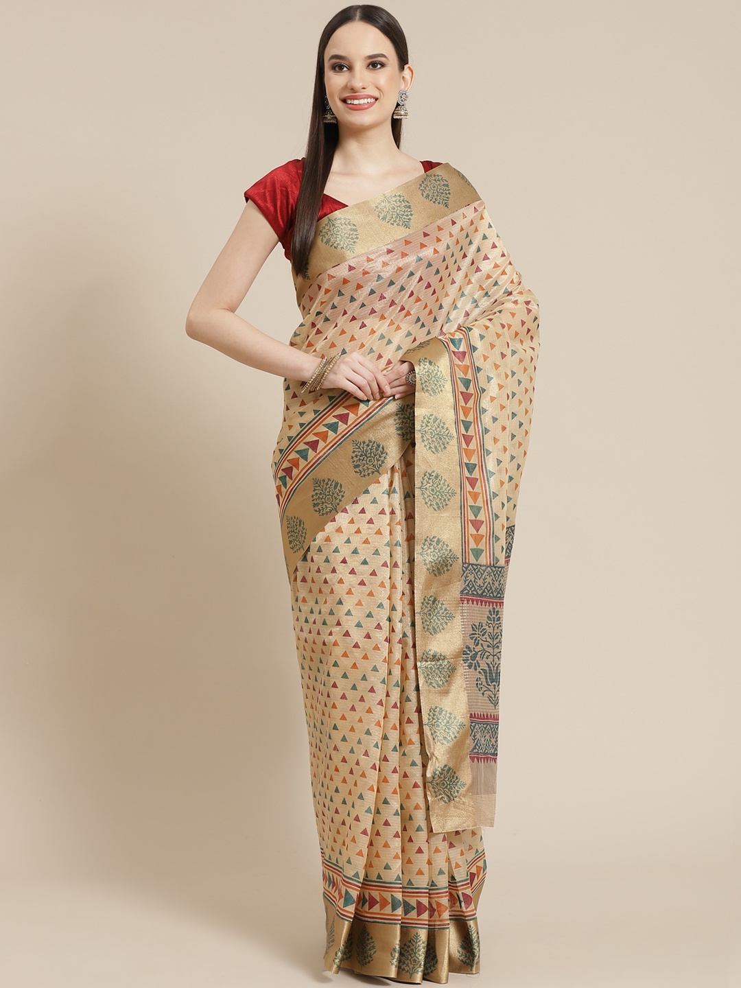 

Mitera Beige & Red Geometric Print Tissue Fusion Tussar Saree