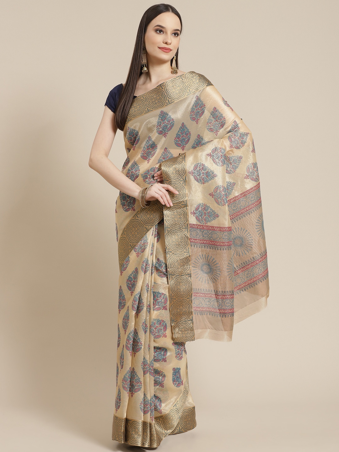 

Mitera Beige & Navy Blue Ethnic Motifs Print Tissue Fusion Tussar Saree