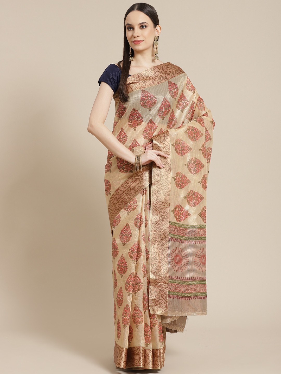 

Mitera Beige & Rust Orange Ethnic Motifs Tussar Silk Saree