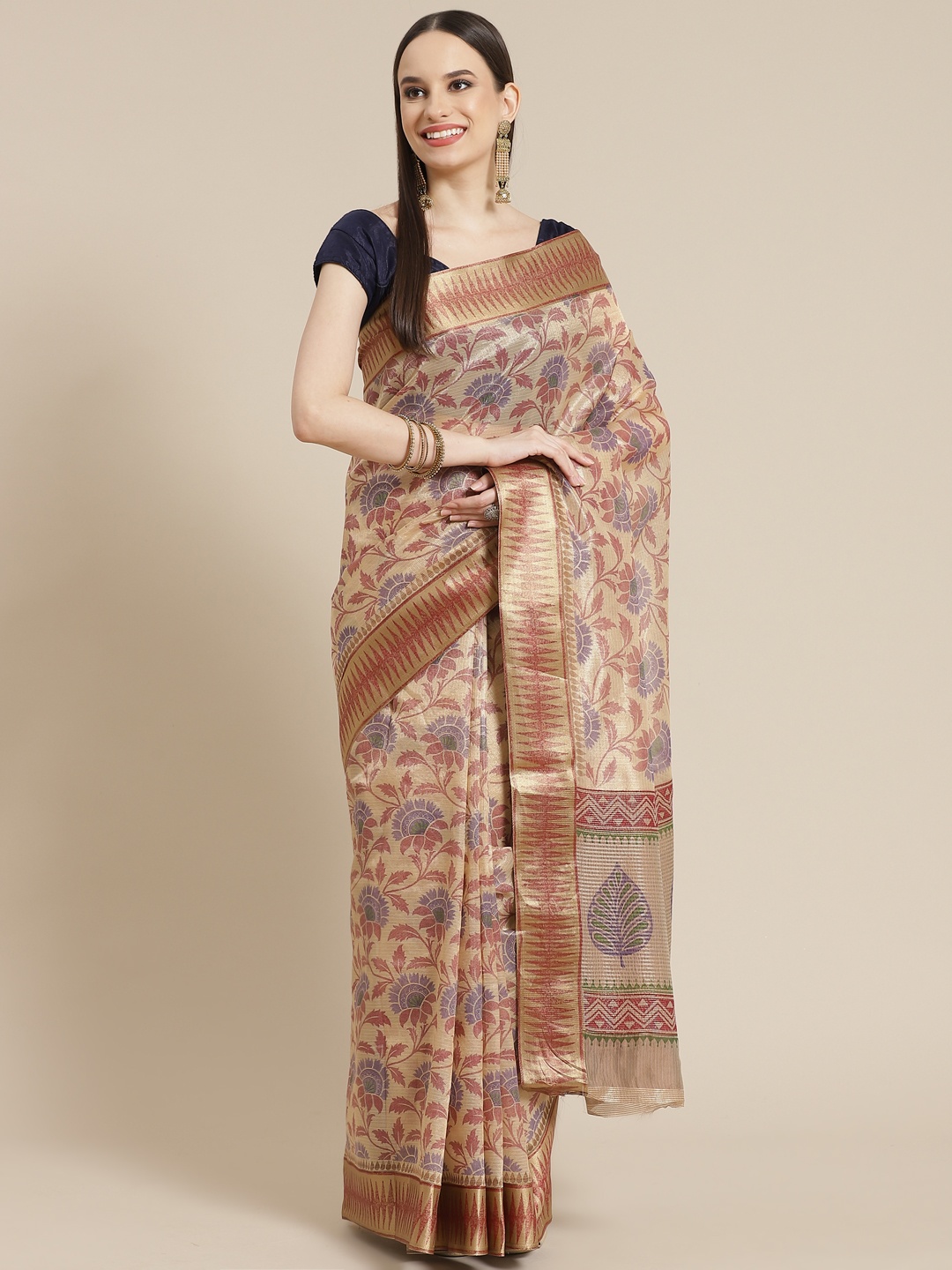 

Mitera Beige & Maroon Ethnic Motifs Tussar Silk Saree