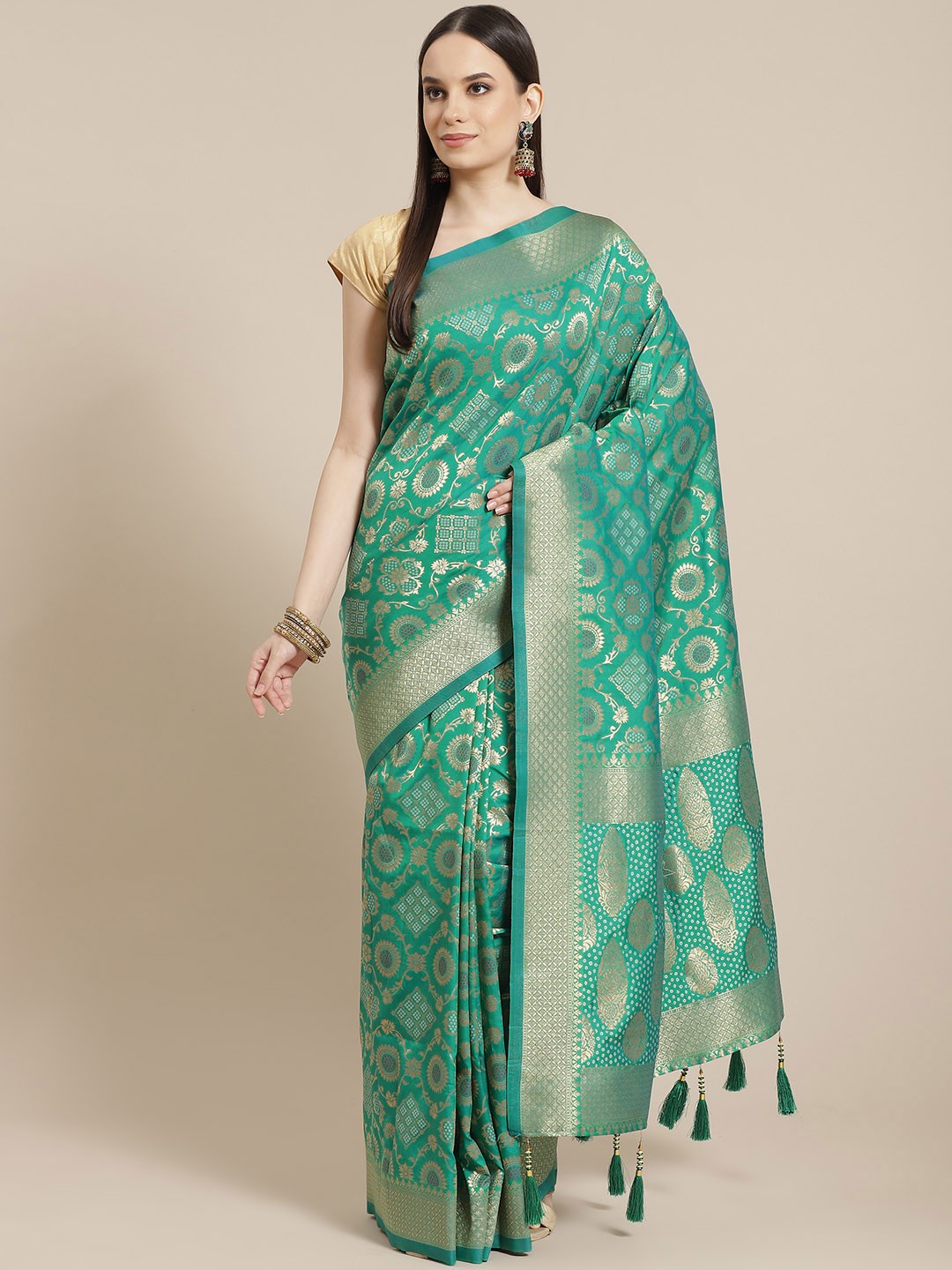 

Mitera Green & Golden Ethnic Motifs Zari Saree