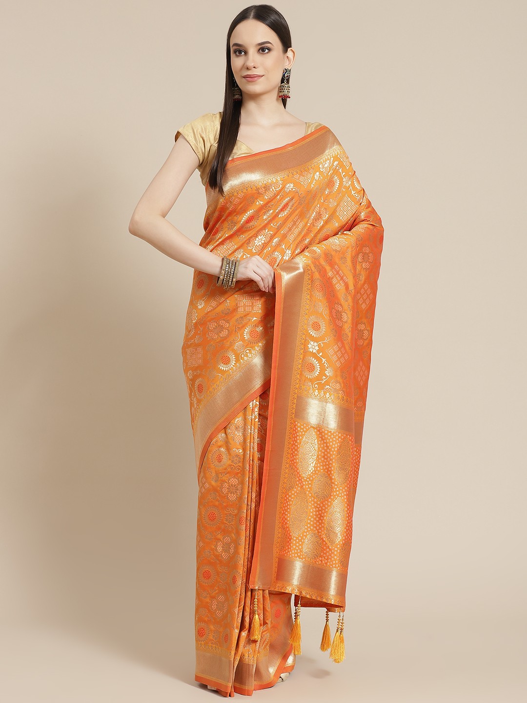

Mitera Orange & Golden Ethnic Motifs Zari Saree