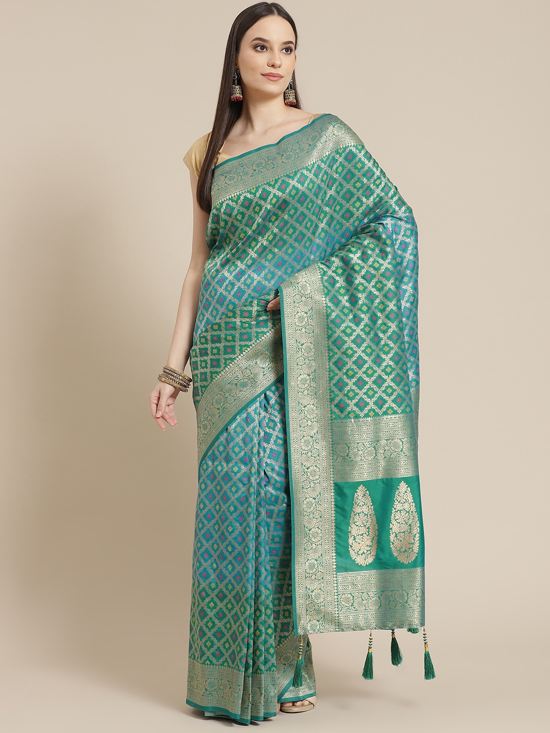 

Mitera Green & Blue Ethnic Motifs Woven Design Zari Saree