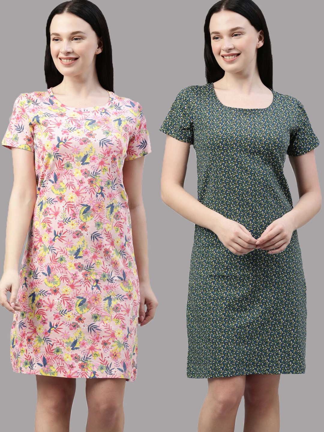 

Kryptic Women Pack Of 2 Pink & Black Pure Cotton T Shirt Nightdress