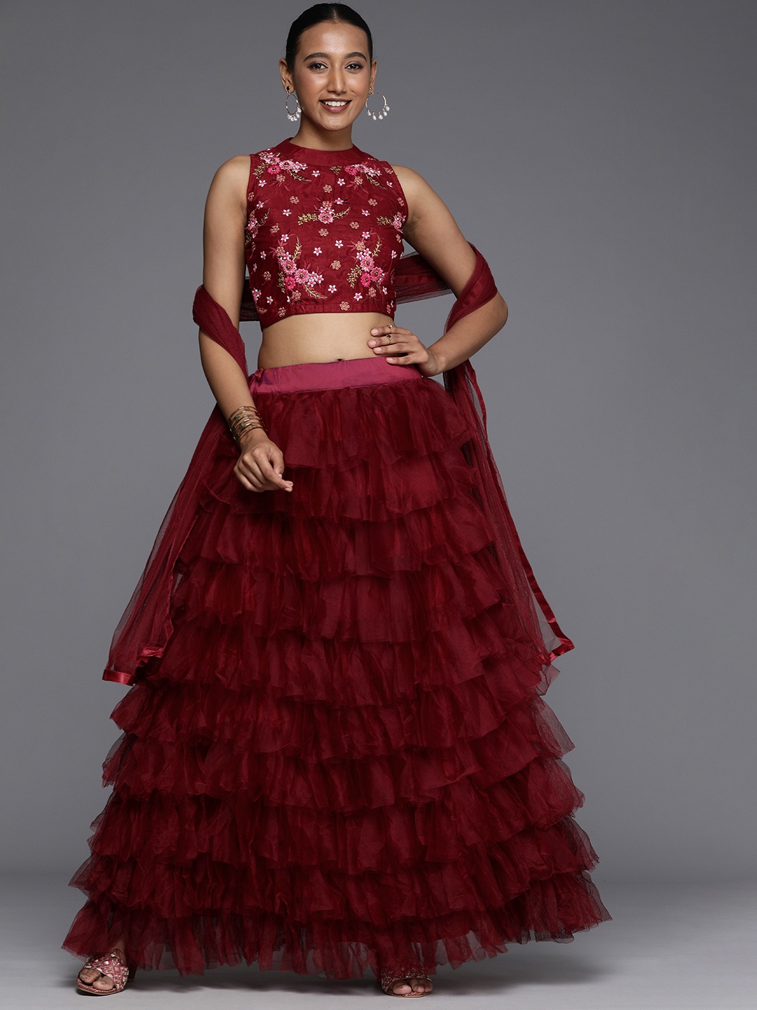 

Mitera Maroon Thread Work Semi-Stitched Lehenga & Unstitched Blouse With Dupatta