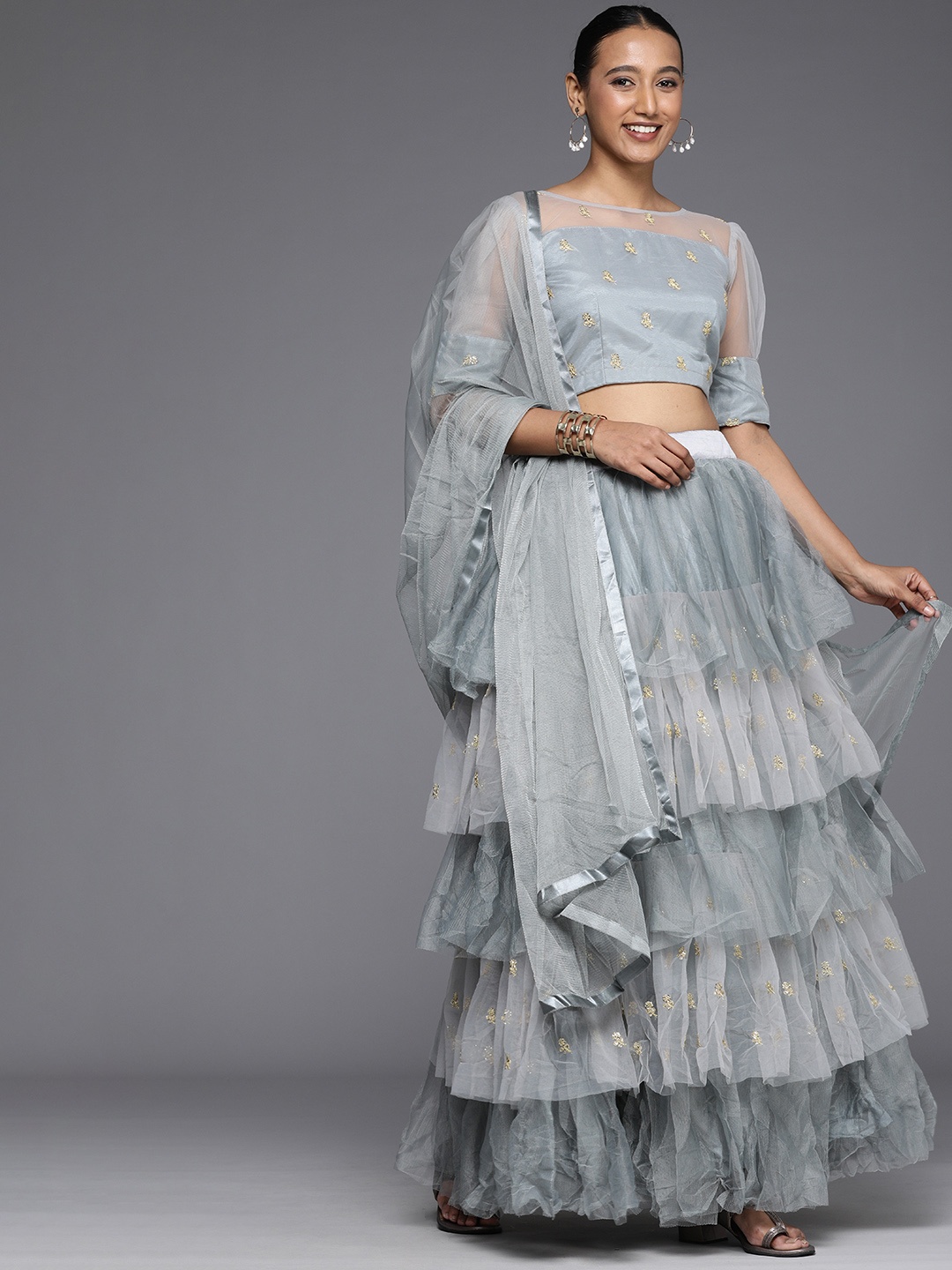 

Mitera Grey Sequinned Semi-Stitched Lehenga & Unstitched Blouse With Dupatta