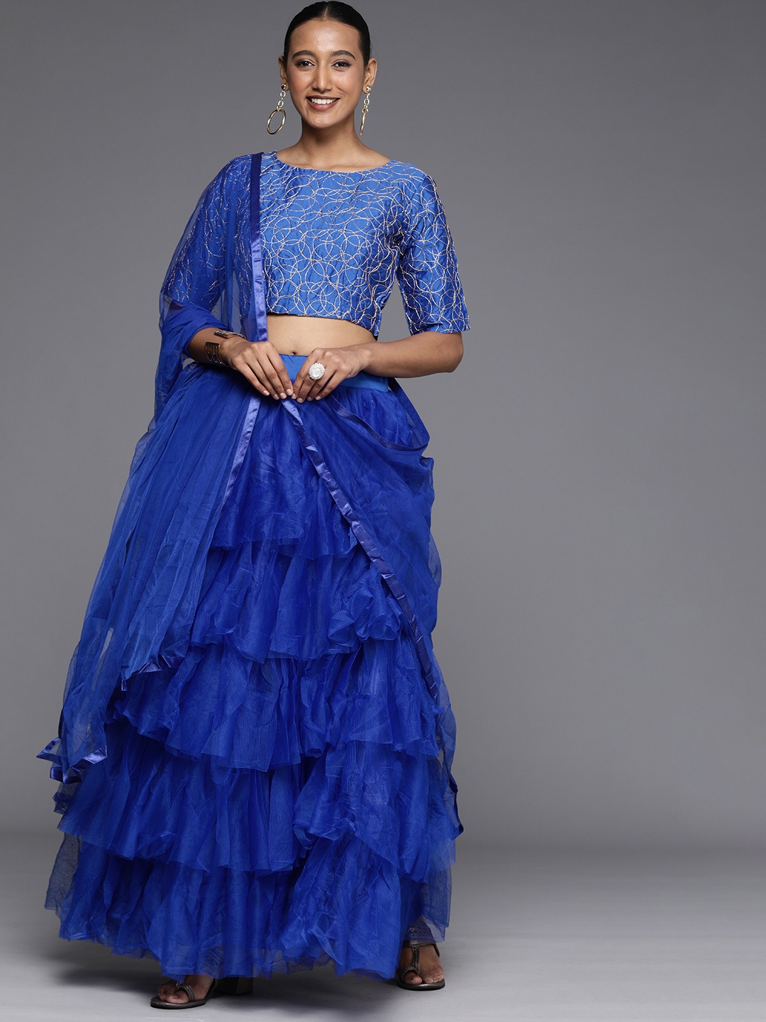 

Mitera Blue Thread Work Semi-Stitched Lehenga & Unstitched Blouse With Dupatta