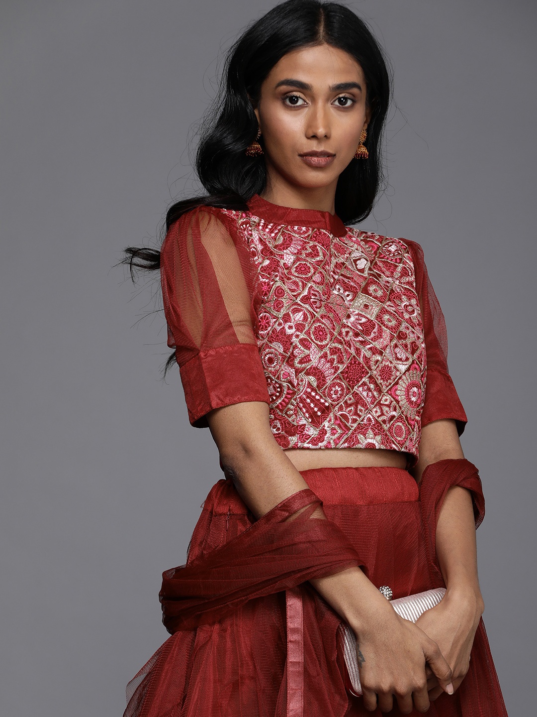 

Mitera Maroon Semi-Stitched Lehenga & Unstitched Blouse With Dupatta
