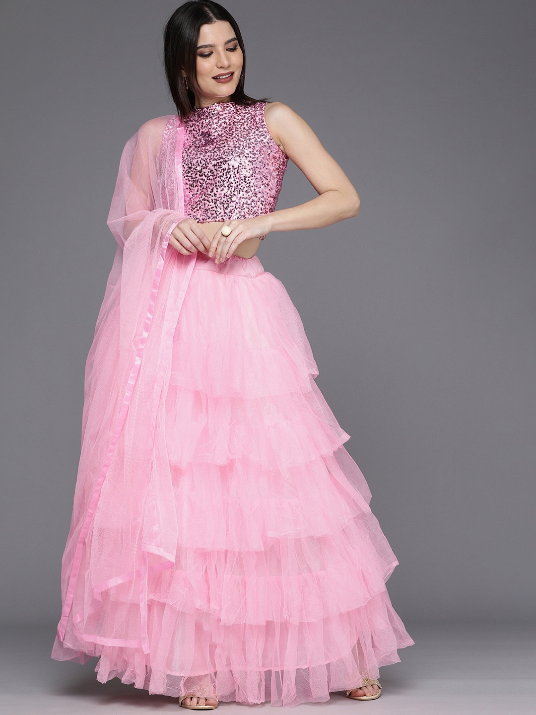 

Mitera Pink Sequinned Semi-Stitched Lehenga & Unstitched Blouse With Dupatta