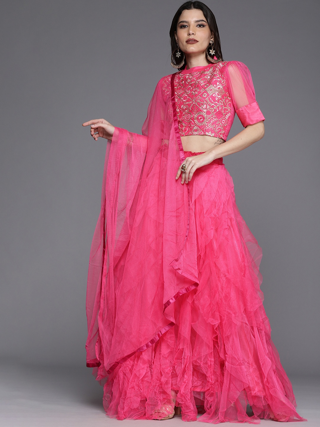 

Mitera Pink Thread Work Semi-Stitched Lehenga & Unstitched Blouse With Dupatta