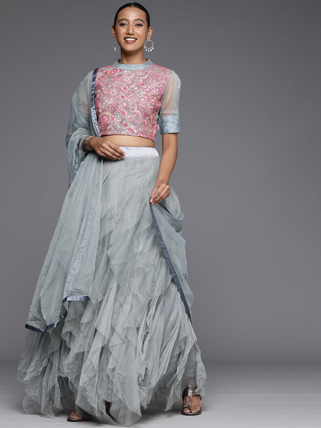 

Mitera Grey Thread Work Semi-Stitched Lehenga & Unstitched Blouse With Dupatta