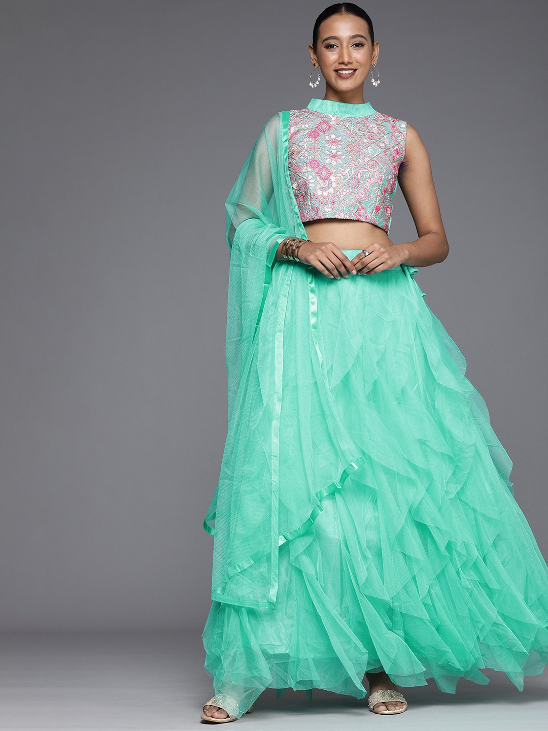 

Mitera Sea Green Thread Work Semi-Stitched Lehenga & Unstitched Blouse With Dupatta