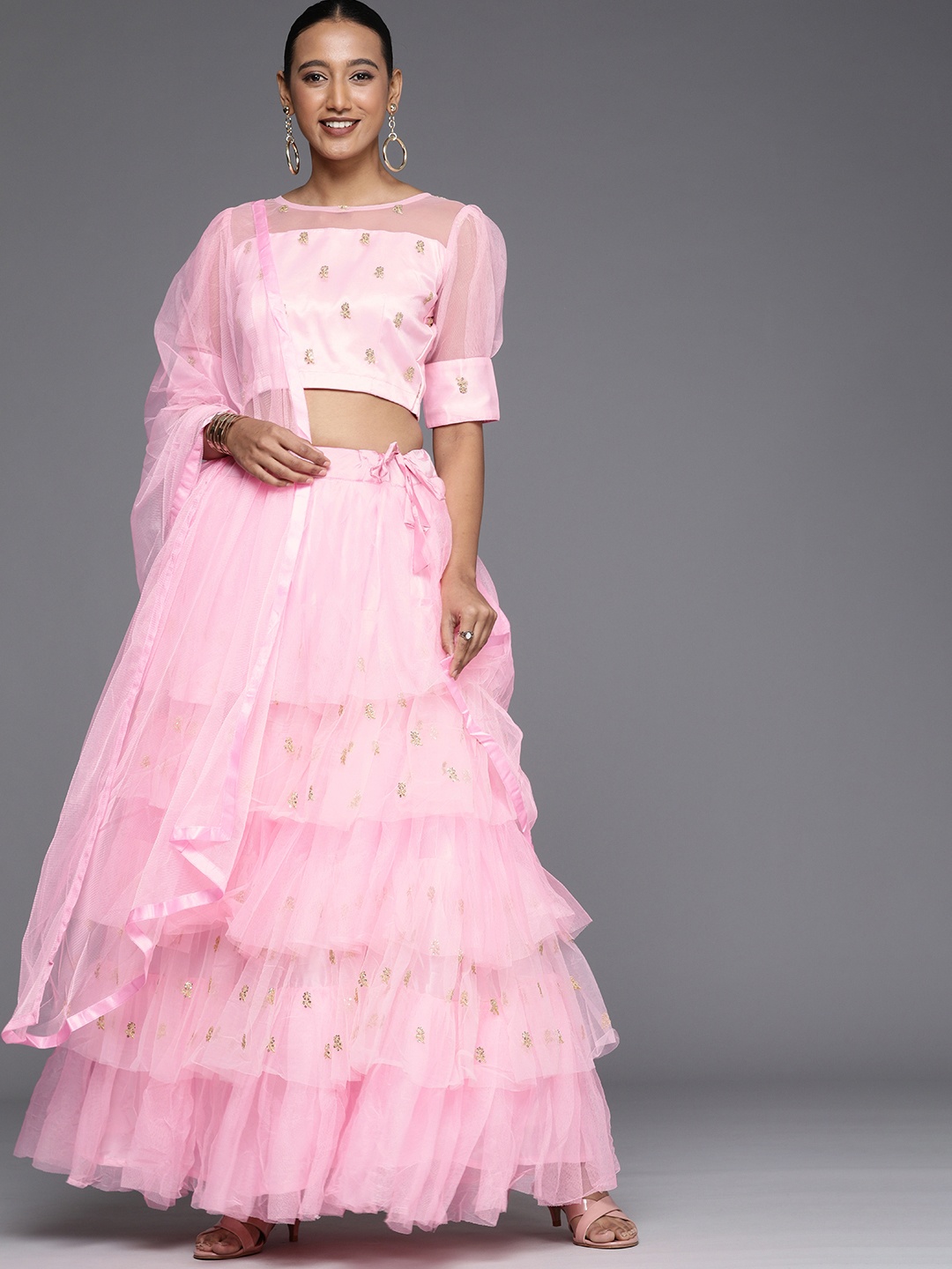 

Mitera Pink Sequinned Semi-Stitched Lehenga & Unstitched Blouse With Dupatta