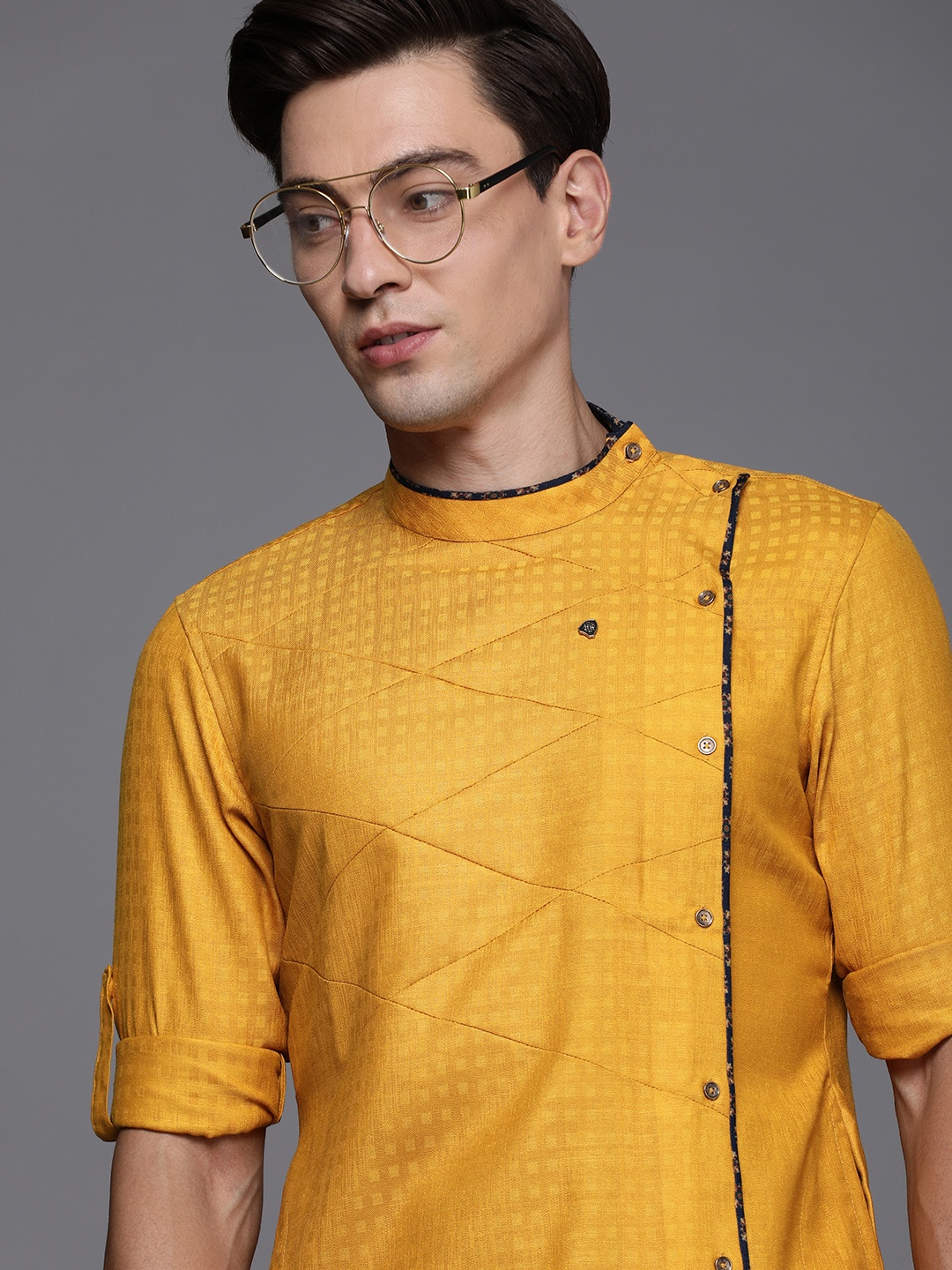 

Manyavar Men Mustard Yellow Mandarin Collar Kurta