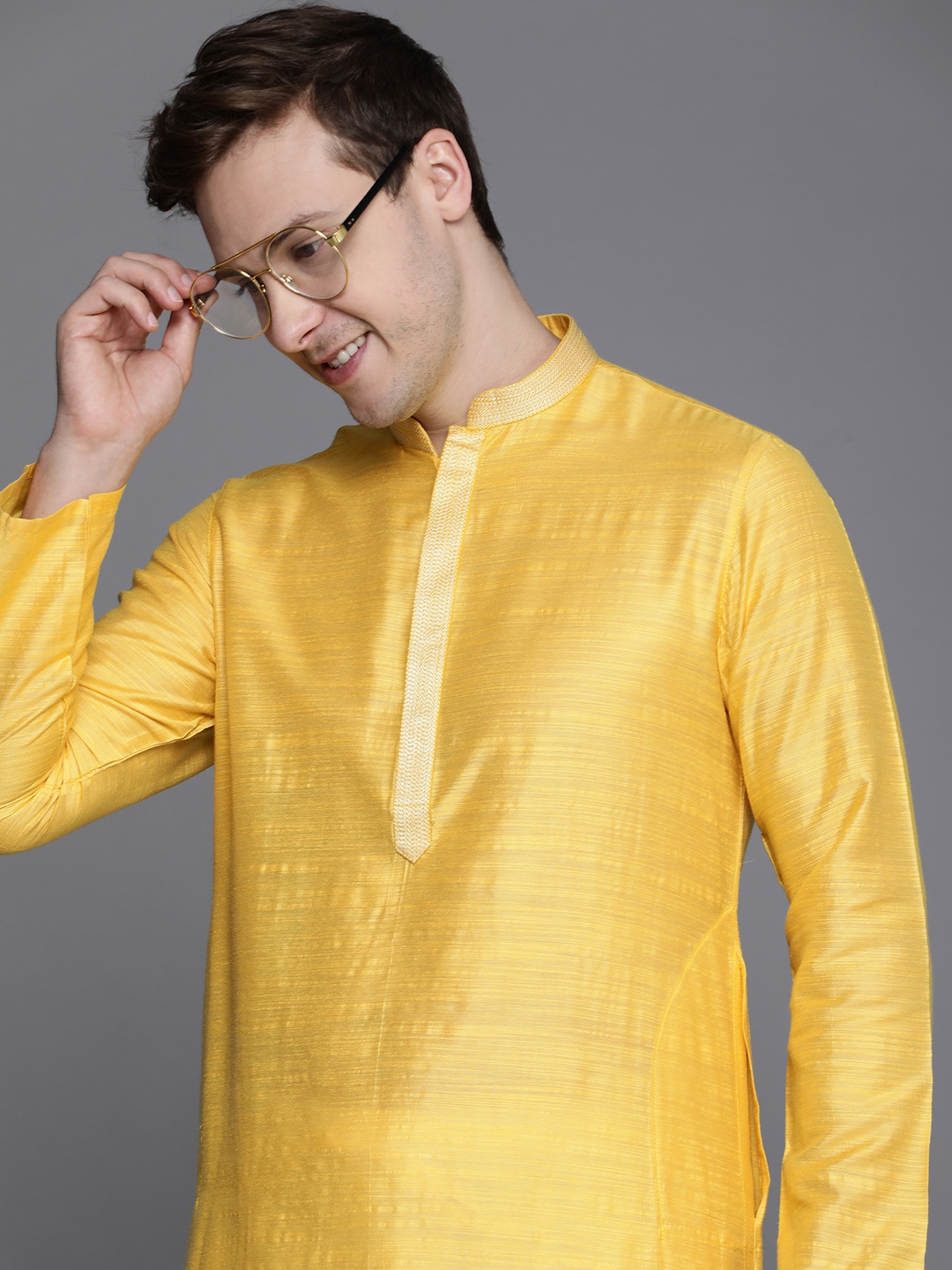 

Manyavar Men Yellow Self Design Regular Thread Work Art Silk Kurta with Churidar