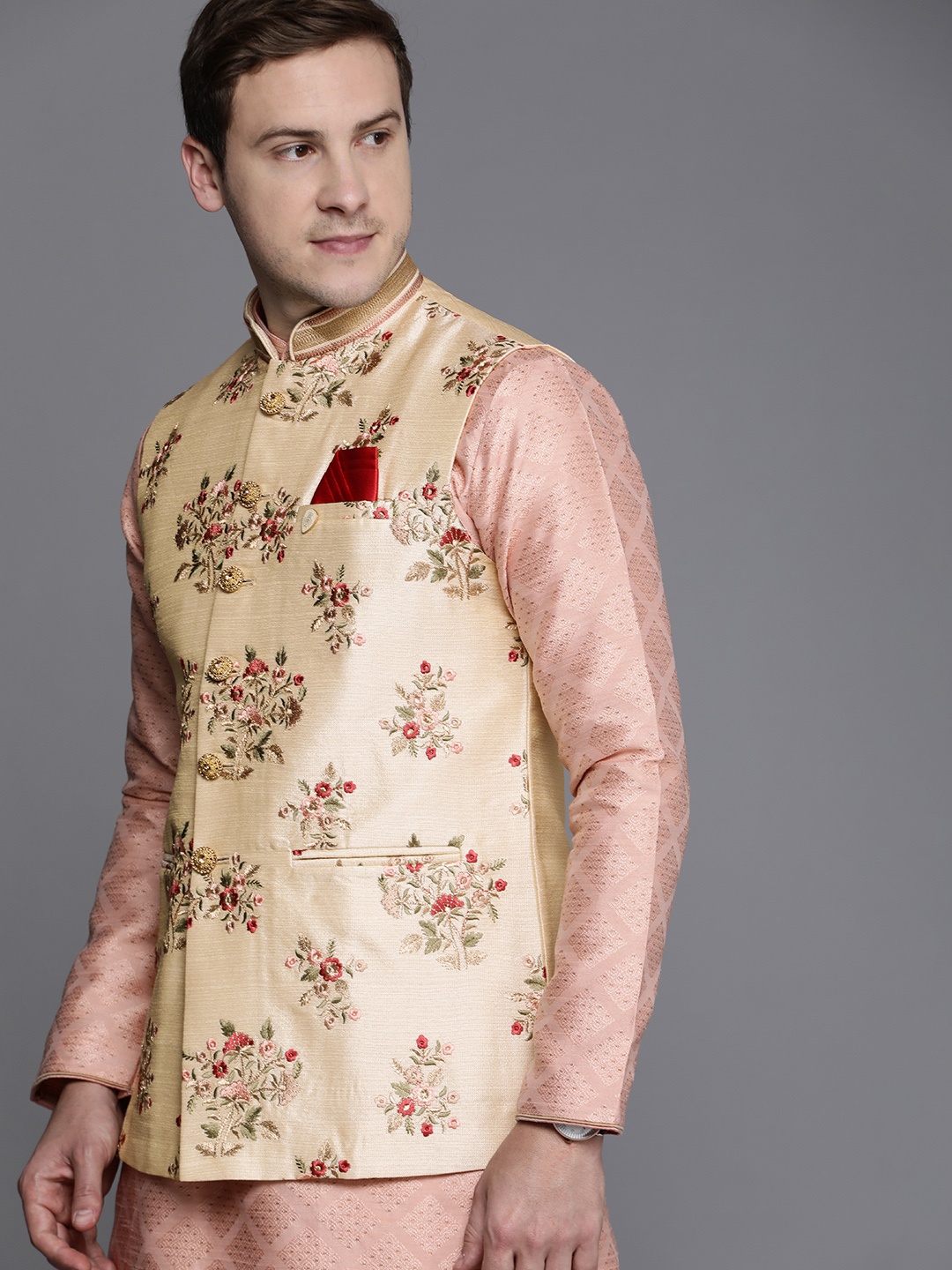 

Manyavar Men Beige Art Silk Embroidered Nehru Jacket