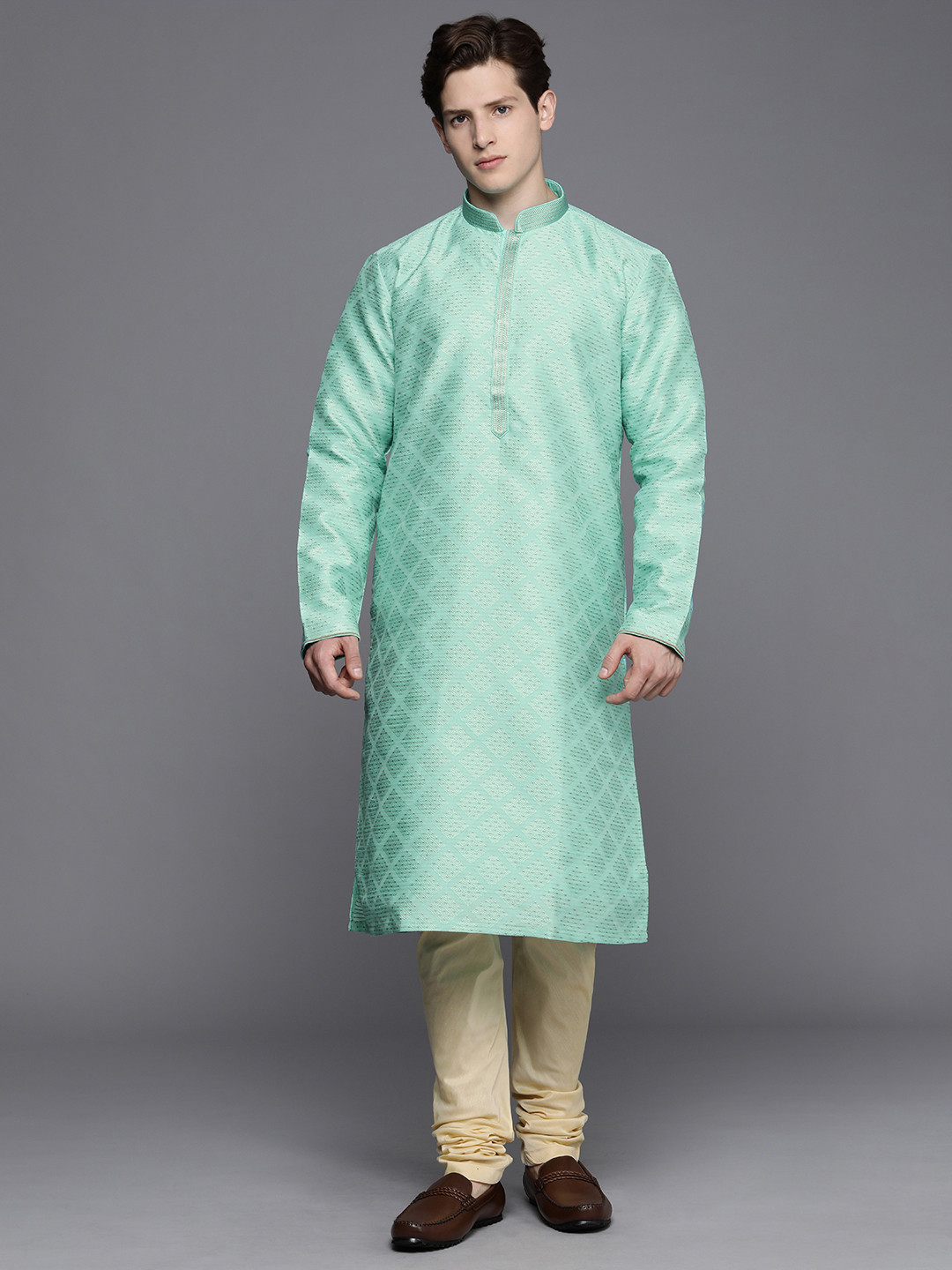 

Manyavar Men Green & Beige Woven Design Jacquard Kurta with Churidar