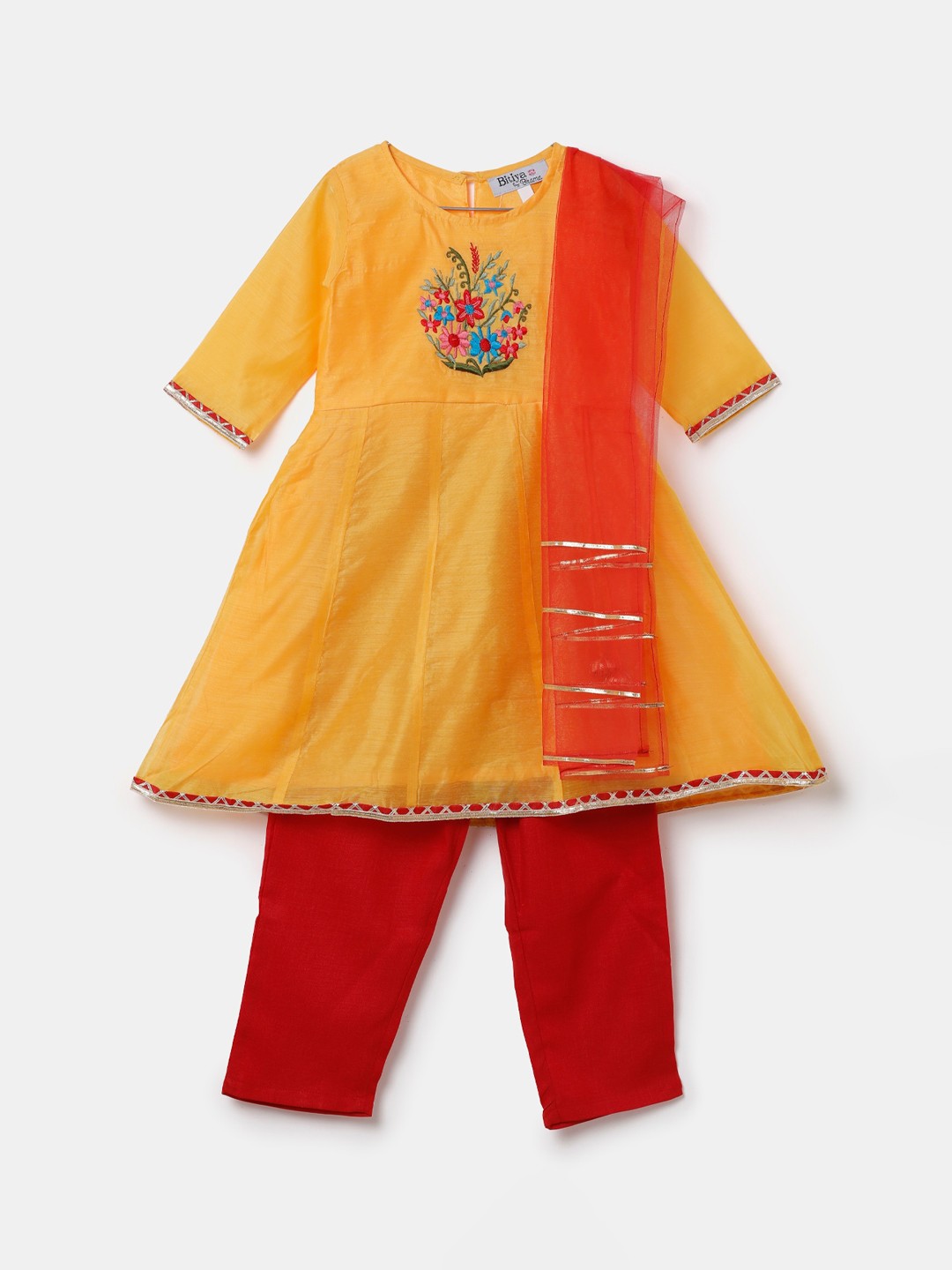 

Hopscotch Girls Yellow Embroidered Panelled Pure Cotton Kurti with Trousers & With Dupatta