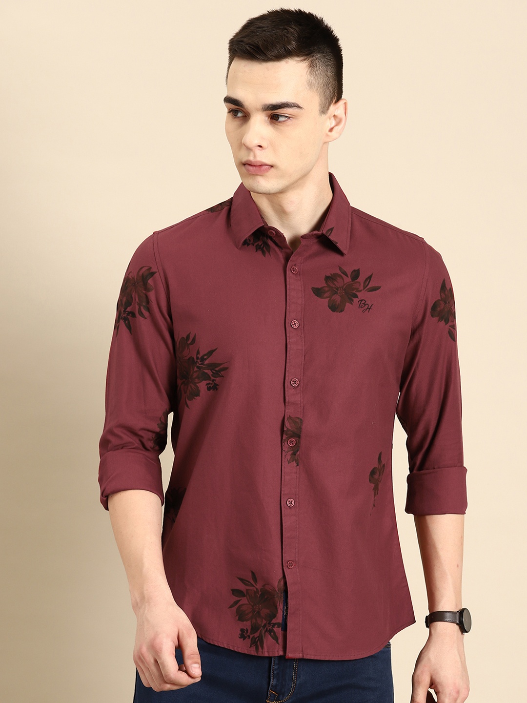 

Being Human Pure Cotton Slim Fit Floral Print Casual Shirt, Maroon