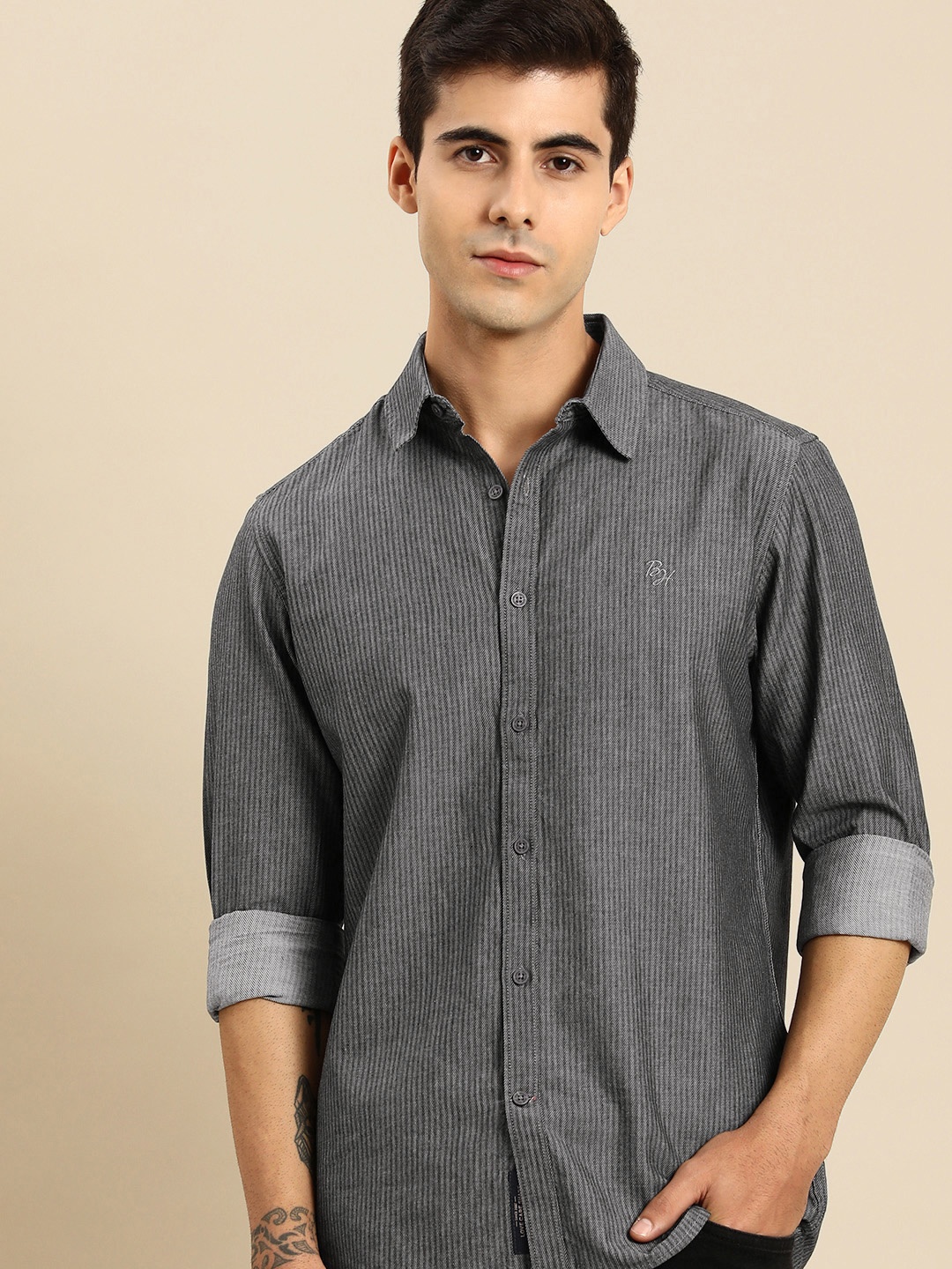 

Being Human Men Grey Slim Fit Striped Casual Shirt