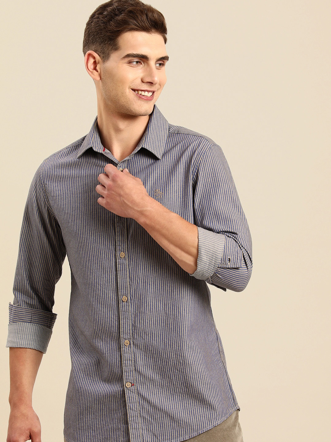 

Being Human Men Beige & Blue Slim Fit Striped Casual Shirt