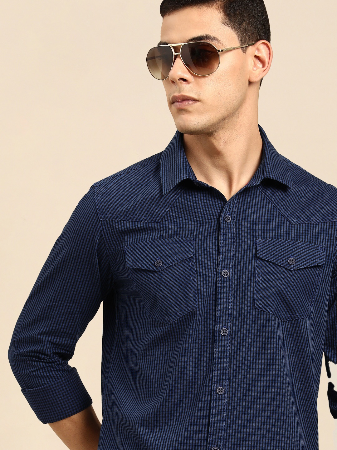 

Being Human Men Navy Blue Micro Checked Pure Cotton Slim Fit Casual Shirt