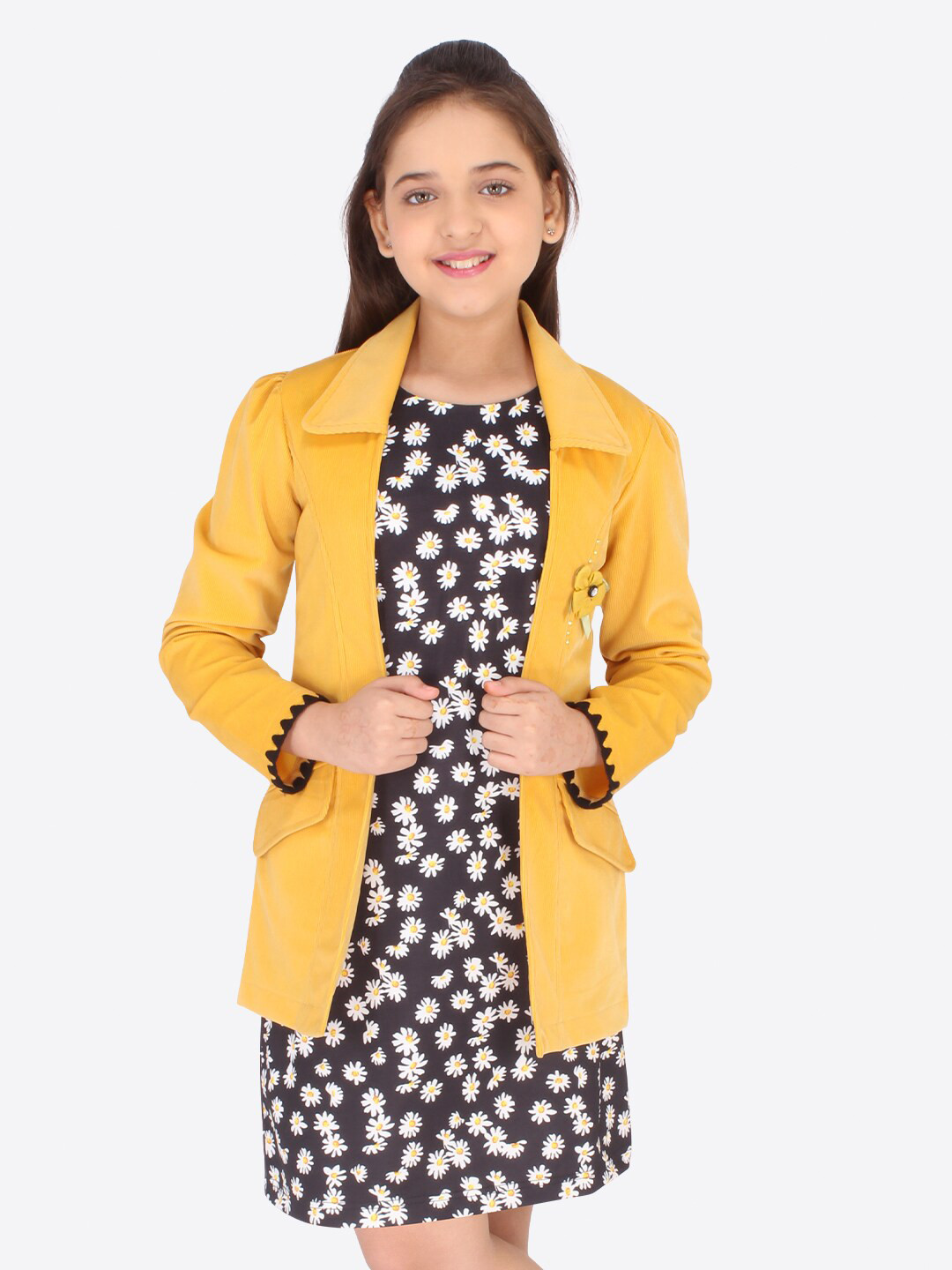 

CUTECUMBER Girls Brown & Yellow Floral Sheath Dress with Jacket