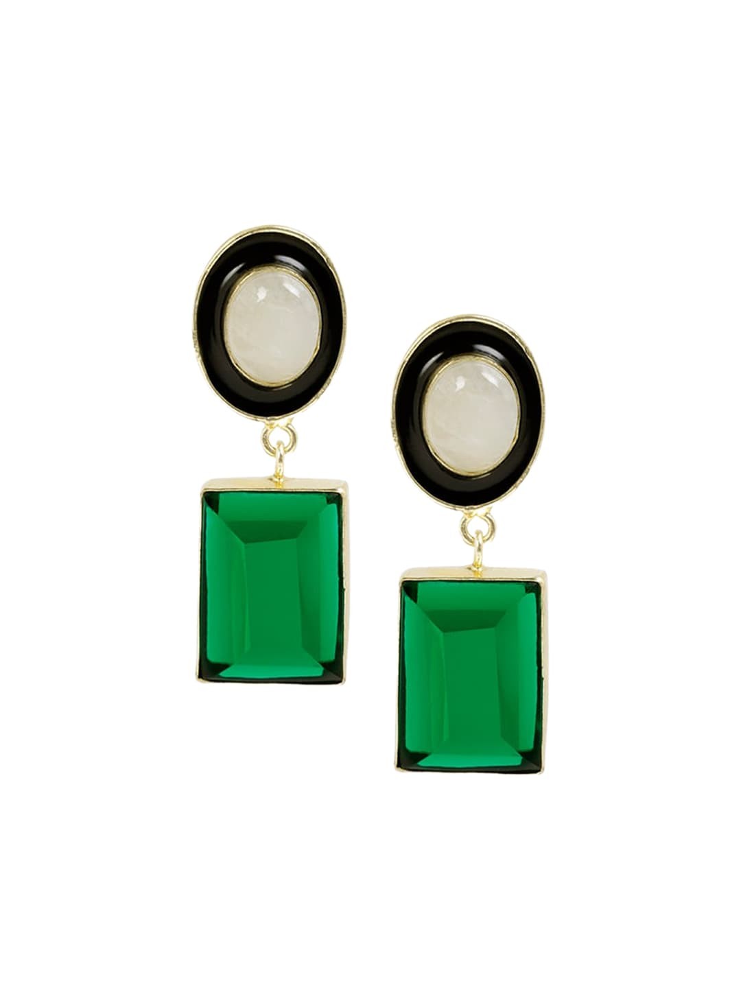 

March by FableStreet Gold-Plated Off White & Green Geometric Drop Earrings