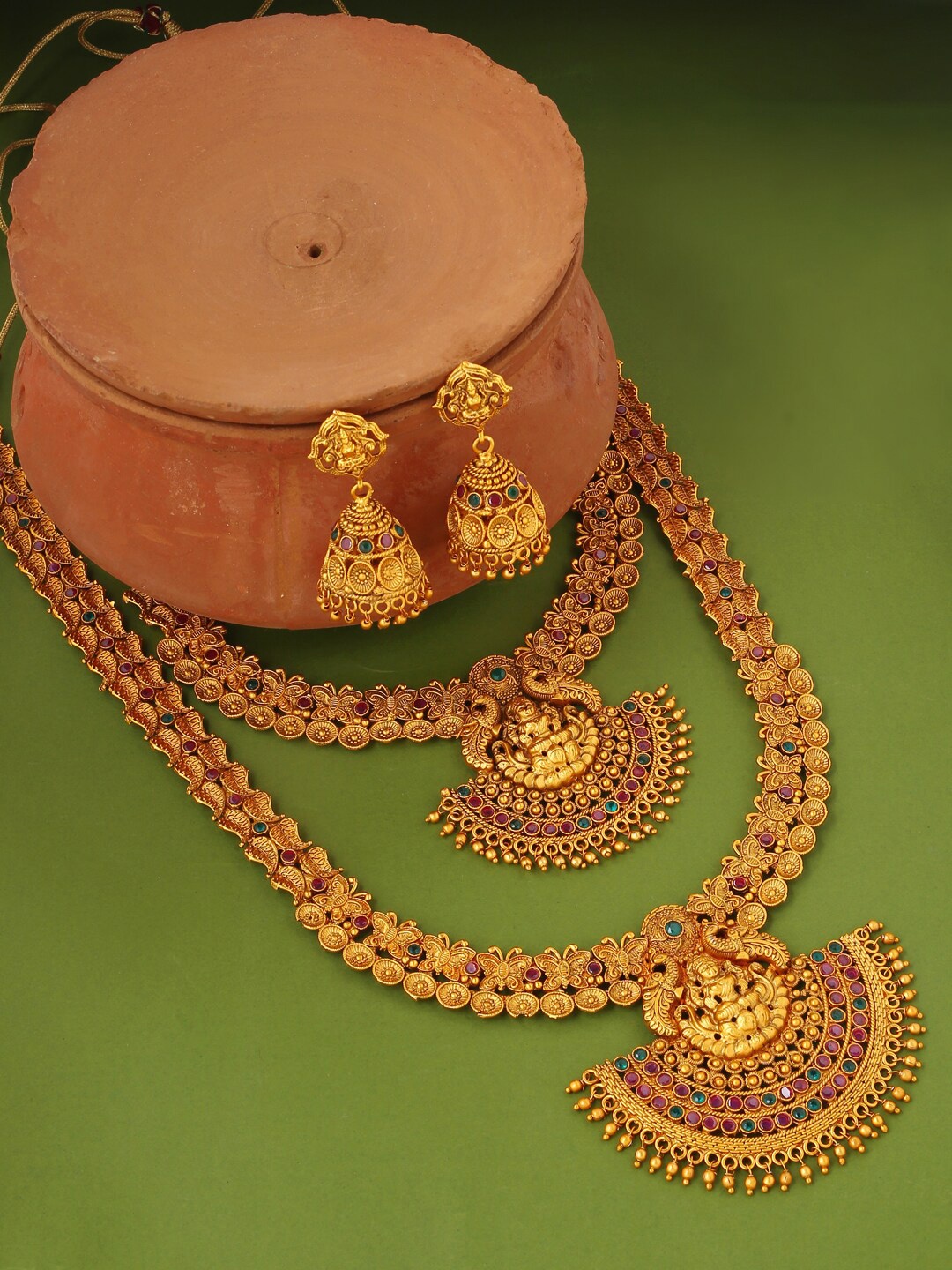 

VIRAASI Gold Plated Pink & Green Stone Studed & Beaded Temple Jewellery Set