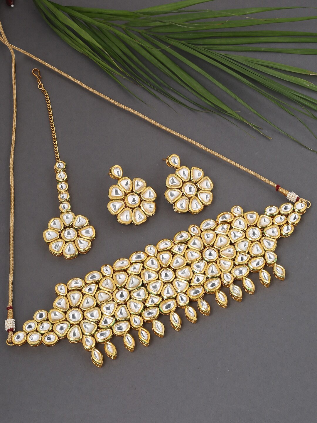 

VIRAASI Gold Toned White Kundan Choker with Maangtikka & Earrings