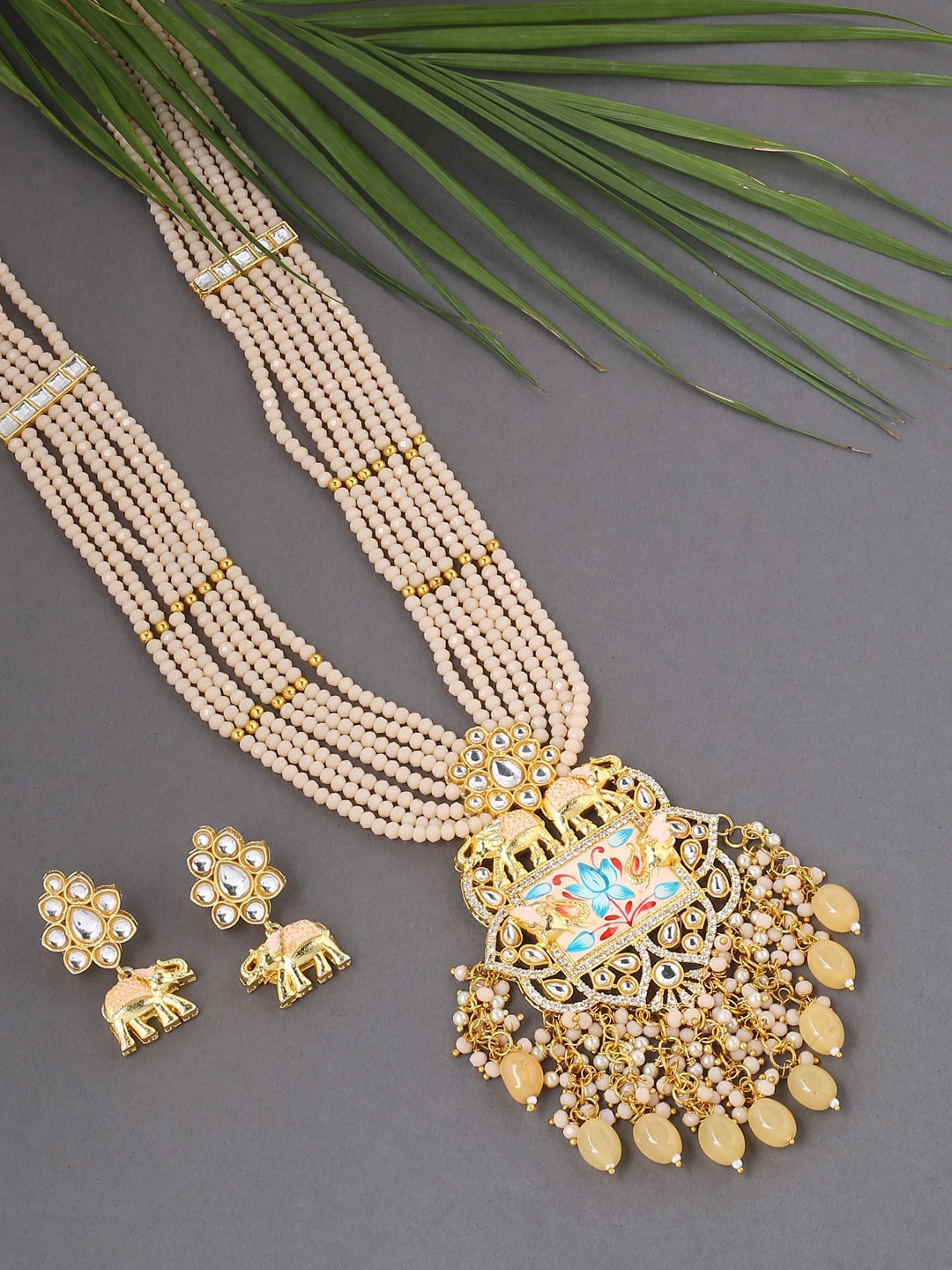

VIRAASI Gold-Toned & Peach-Coloured Kundan-Studded Meenakari Enamelled Jewellery Set