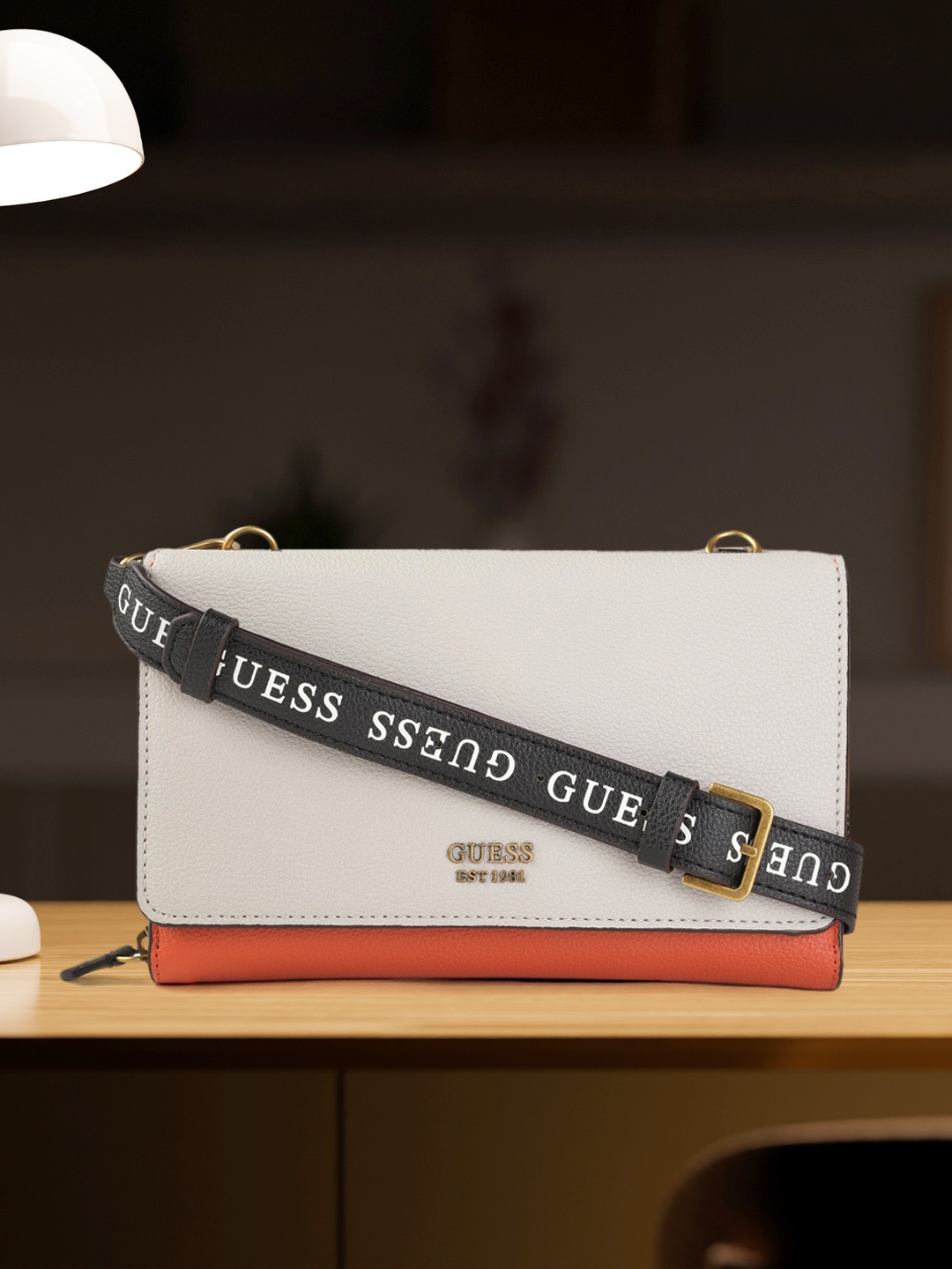 

GUESS Off-White & Orange Structured Sling Bag