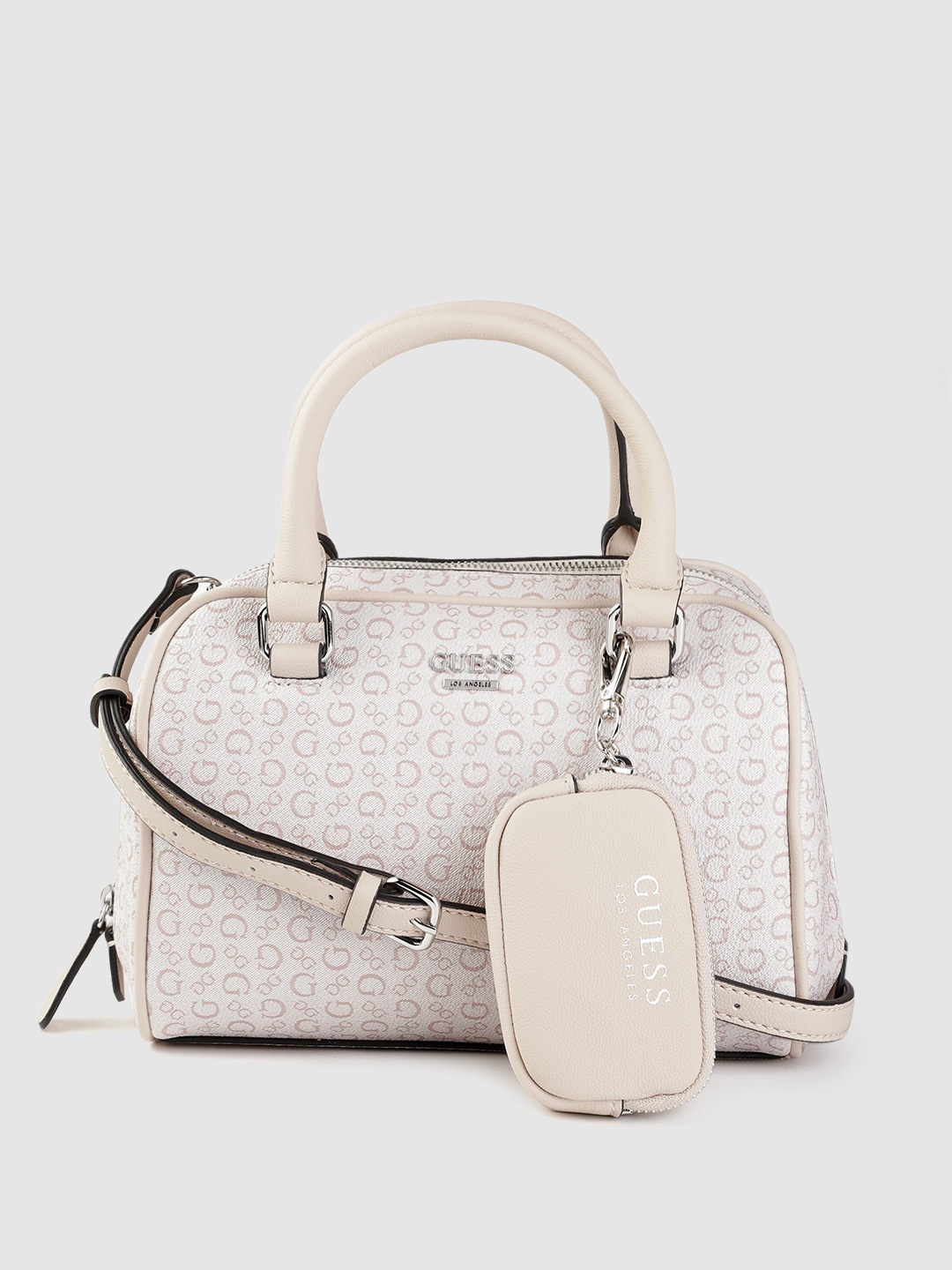 

GUESS Women Off-White & Pink Brand Logo Print Structured Handheld Bag with Pouch