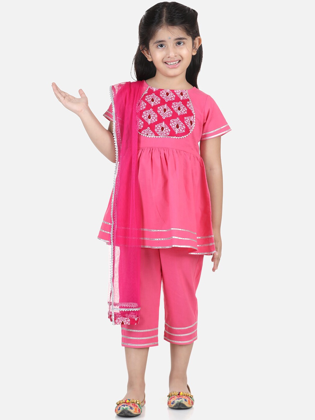 

AWW HUNNIE Girls Pink Angrakha Pure Cotton Kurta & Pyjamas With Dupatta