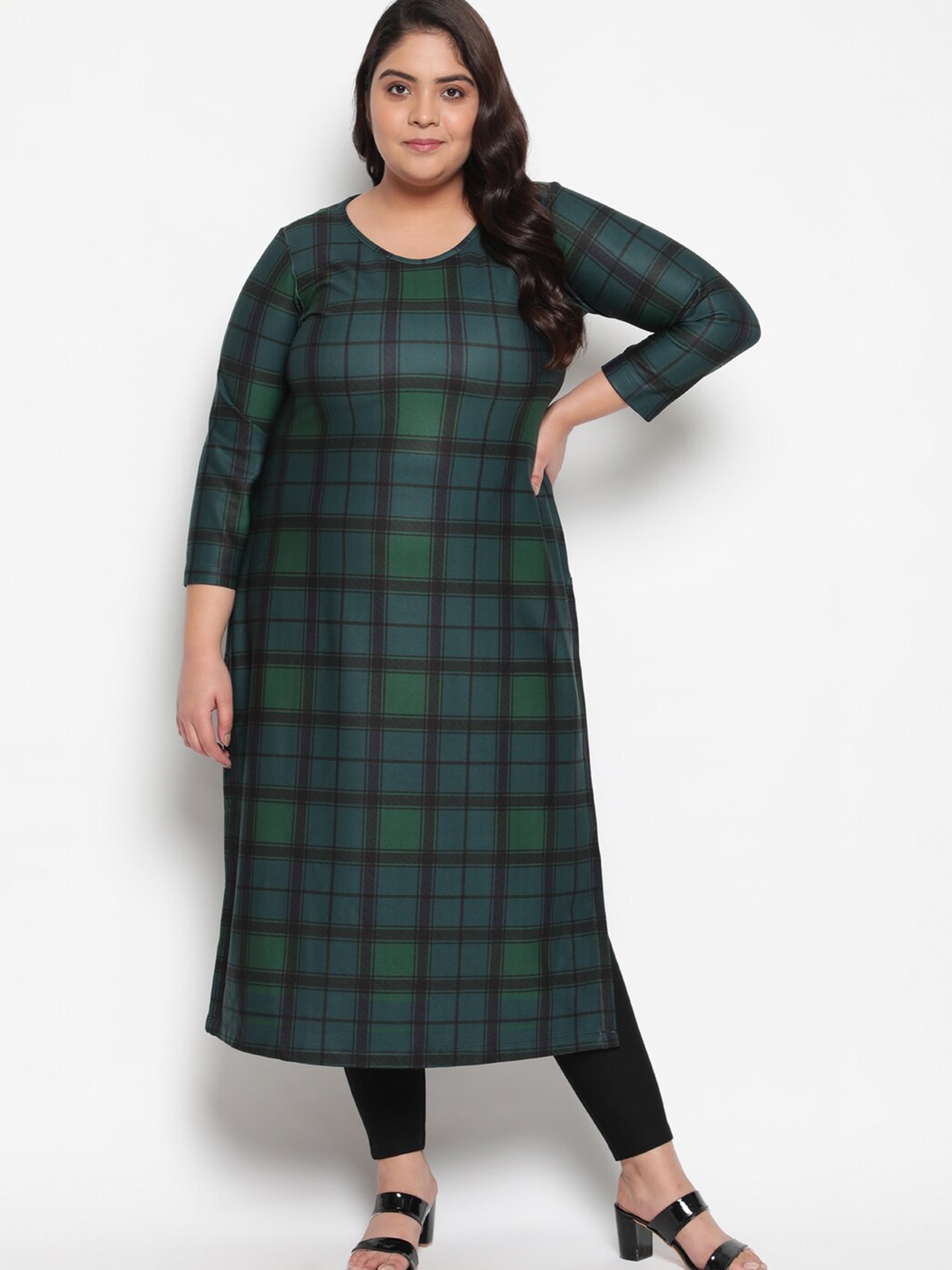 

Amydus Women Plus Size Green Black Printed Woolen Fleece Kurta