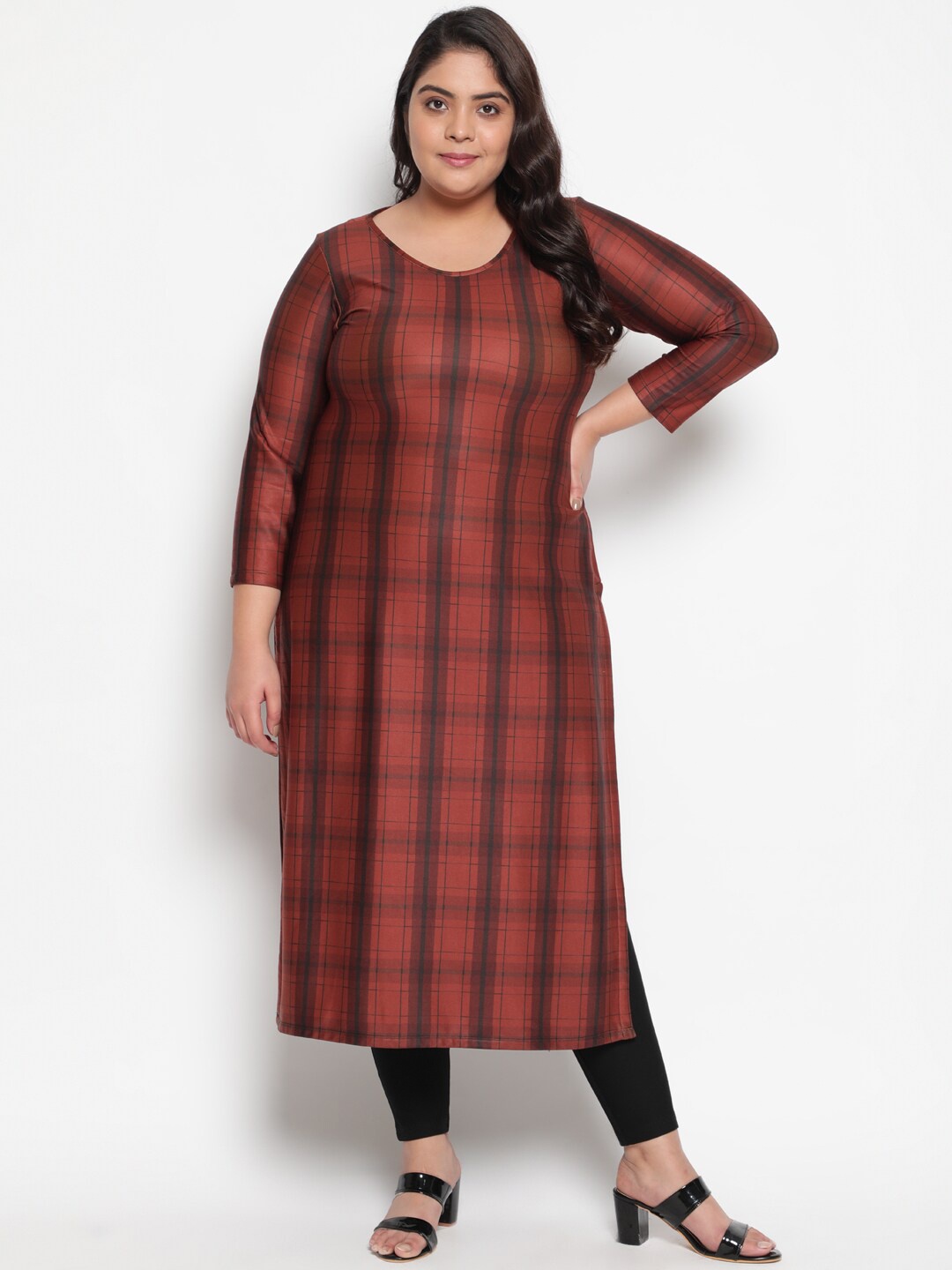 

Amydus Women Plus Size Rust Black Checked Wool Fleece Kurta