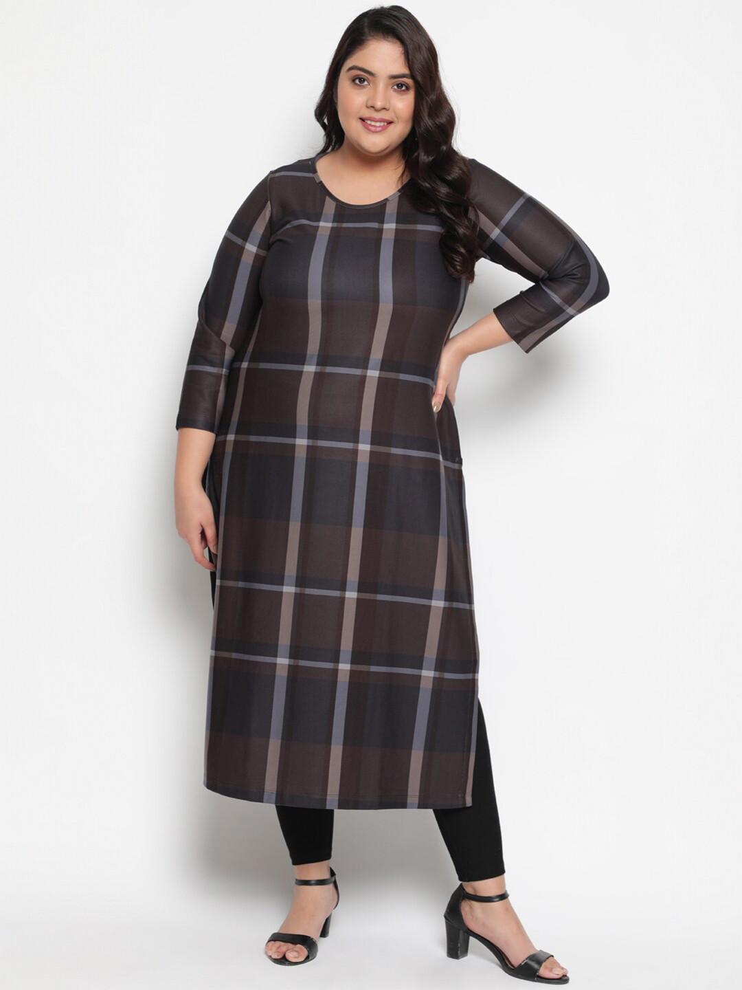 

Amydus Women Plus Size Tan Navy Plaid Art Woolen Winter Kurti, Navy blue