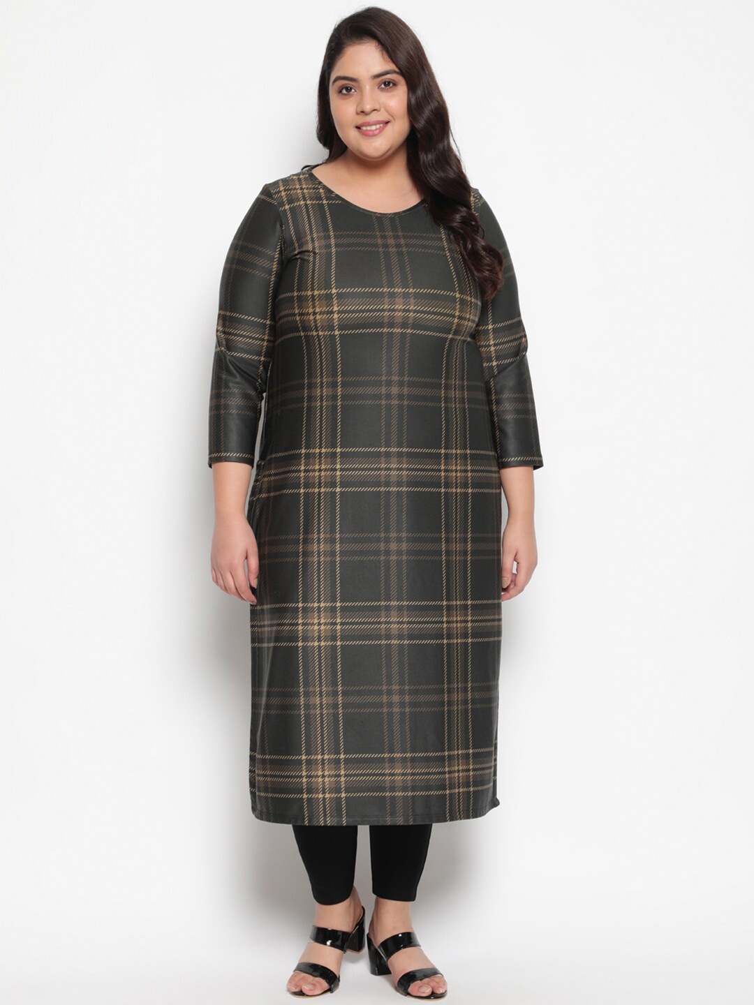 

Amydus Women Plus Size Tan Checked Woolen Winter Fleece Kurti