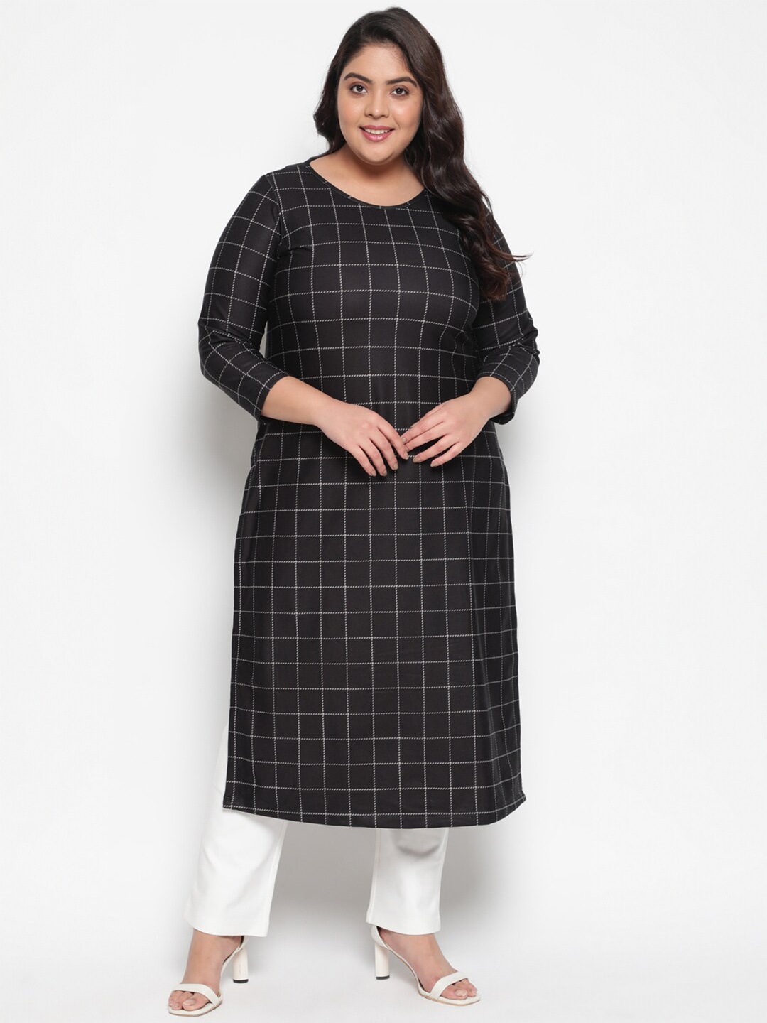 

Amydus Women Plus Size Black Plaid Art Woolen Winter Fleece Kurti
