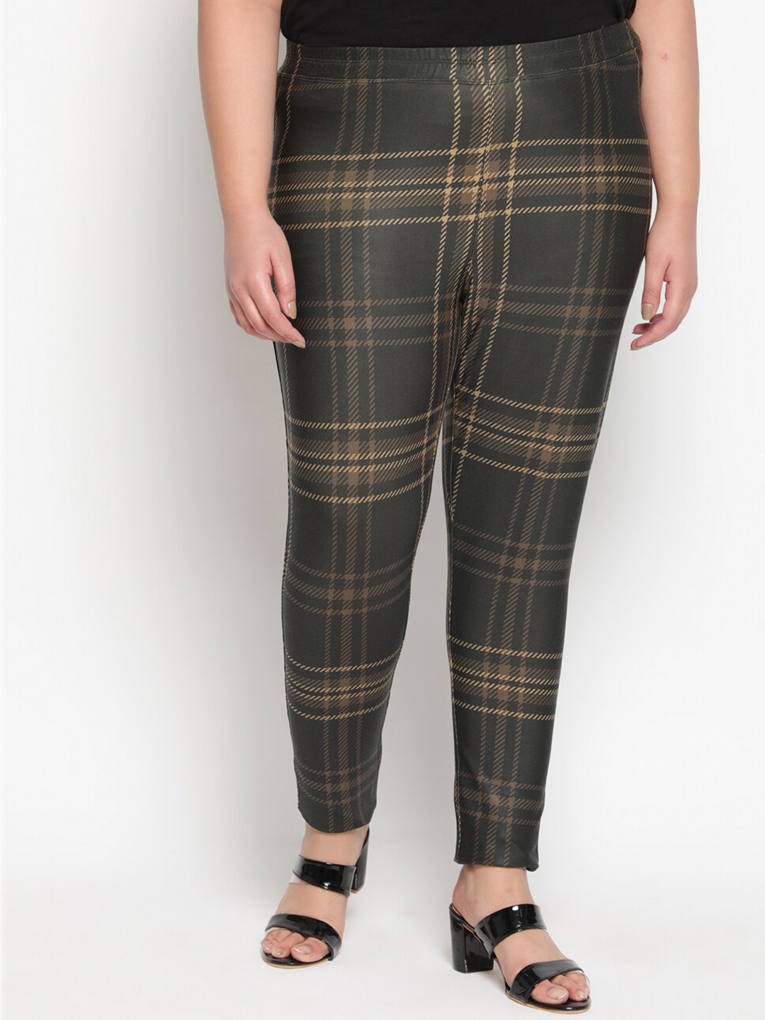 

Amydus Women Plus Size Tan Brown & Charcoal Grey Checked Fleece Ankle-Length Leggings