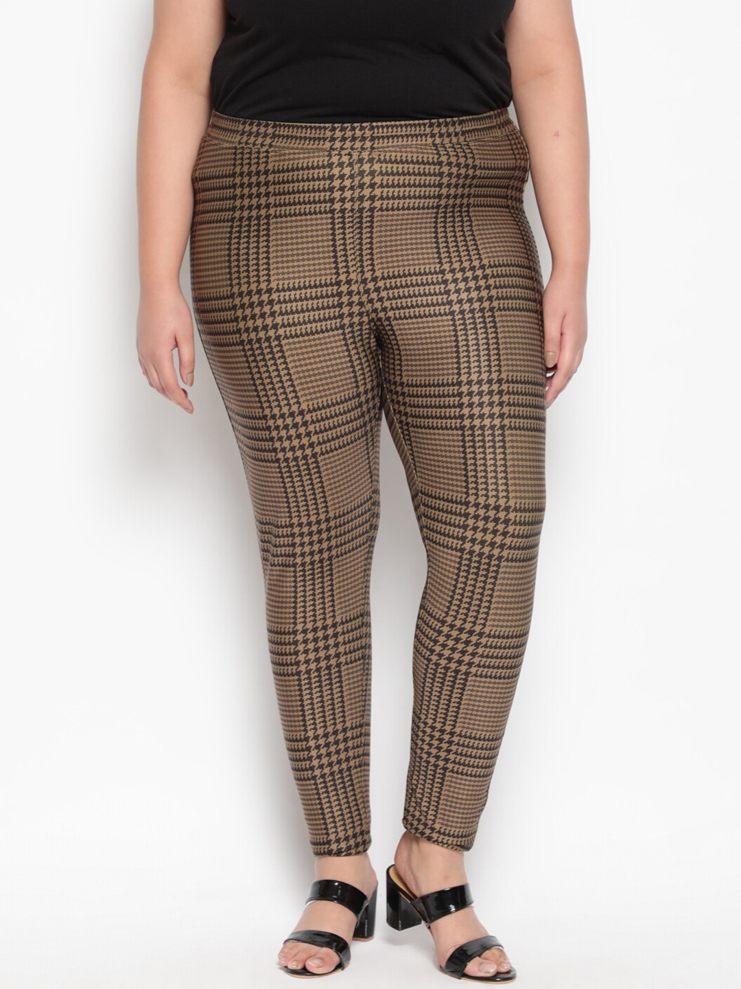 

Amydus Women Plus Size Brown Glen Plaid Warm Fleece Winter Leggings