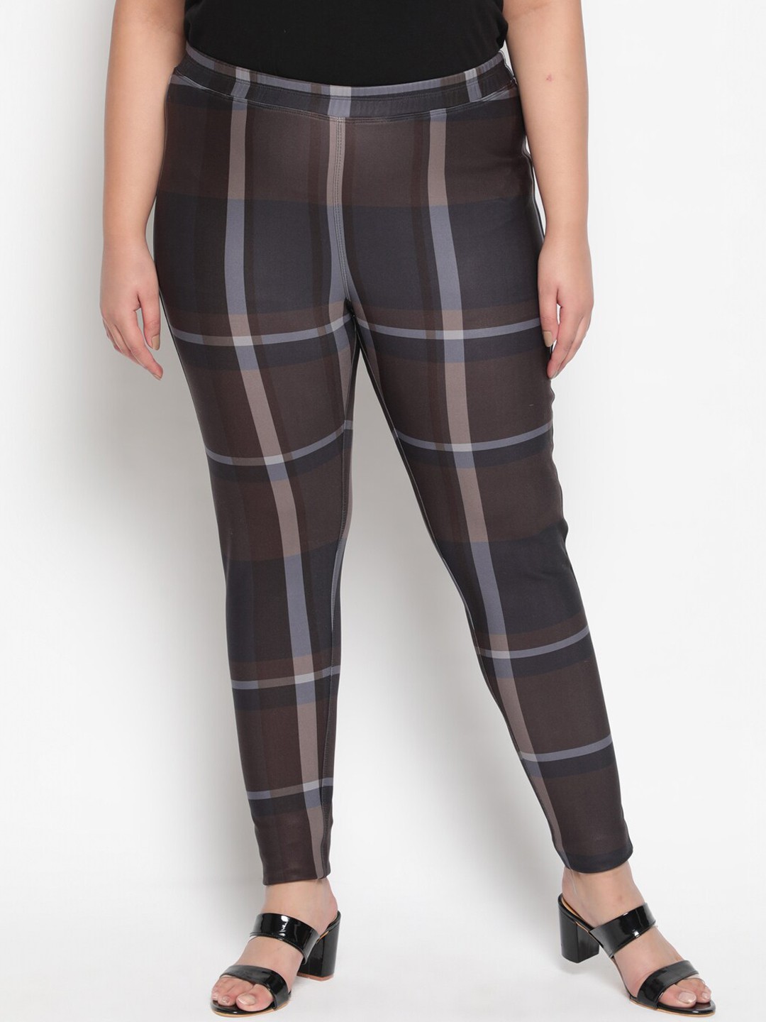 

Amydus Women Plus Size Tan Navy Check Warm Fleece Winter Leggings, Navy blue