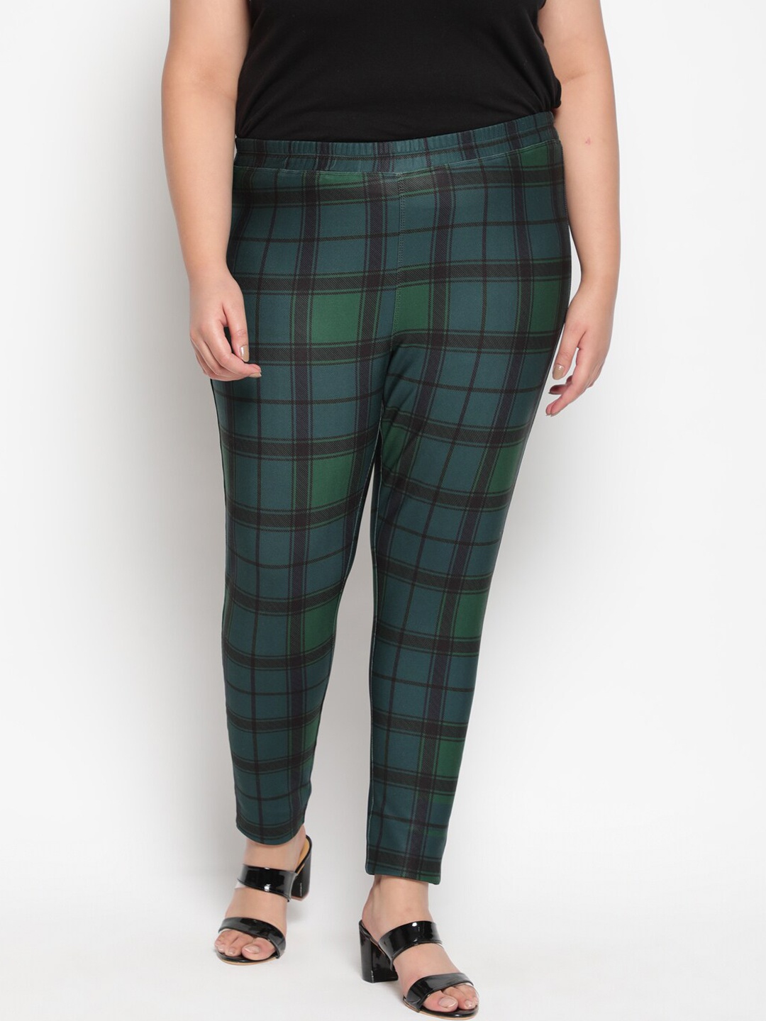 

Amydus Women Plus Size Emerald Green Check Warm Fleece Winter Leggings