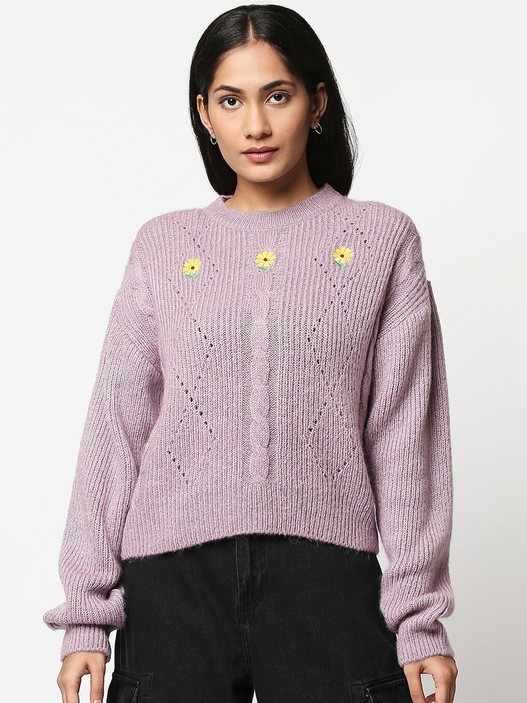 

20Dresses Women Mauve & Yellow Embroidered Acrylic Crop Pullover
