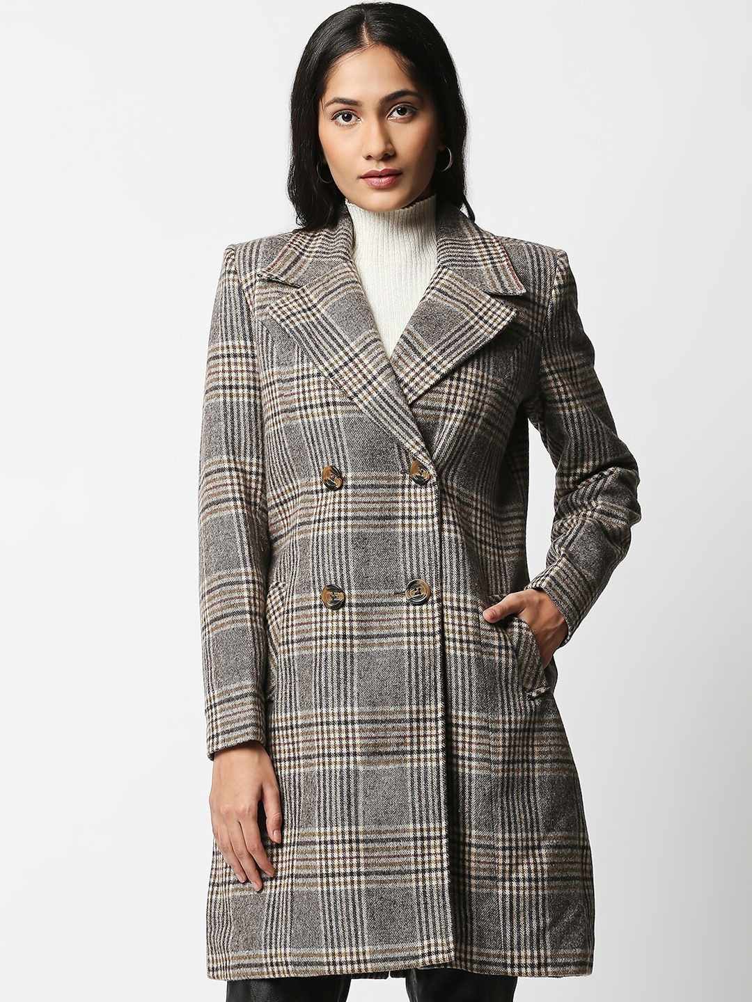

20Dresses Women Brown & Grey Checked Double-Breasted Casual Overcoat