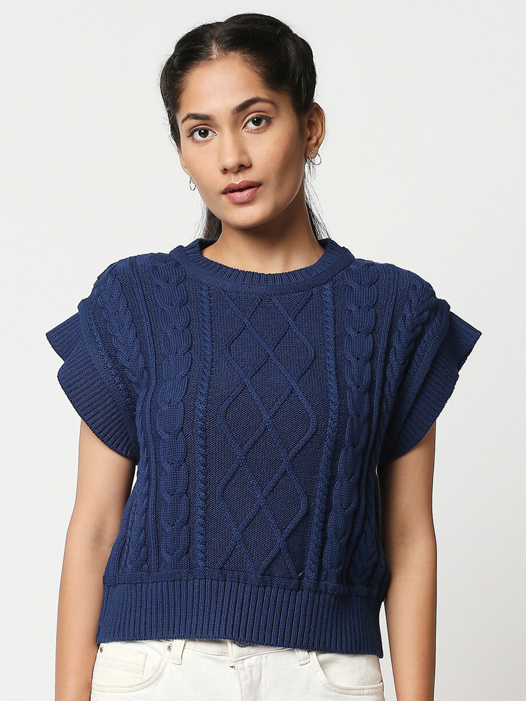 

20Dresses Women Navy Blue Cable Knit Crop Pullover