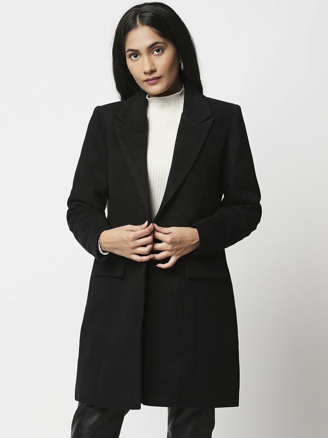 

20Dresses Women Black Solid Comfort-Fit Overcoat