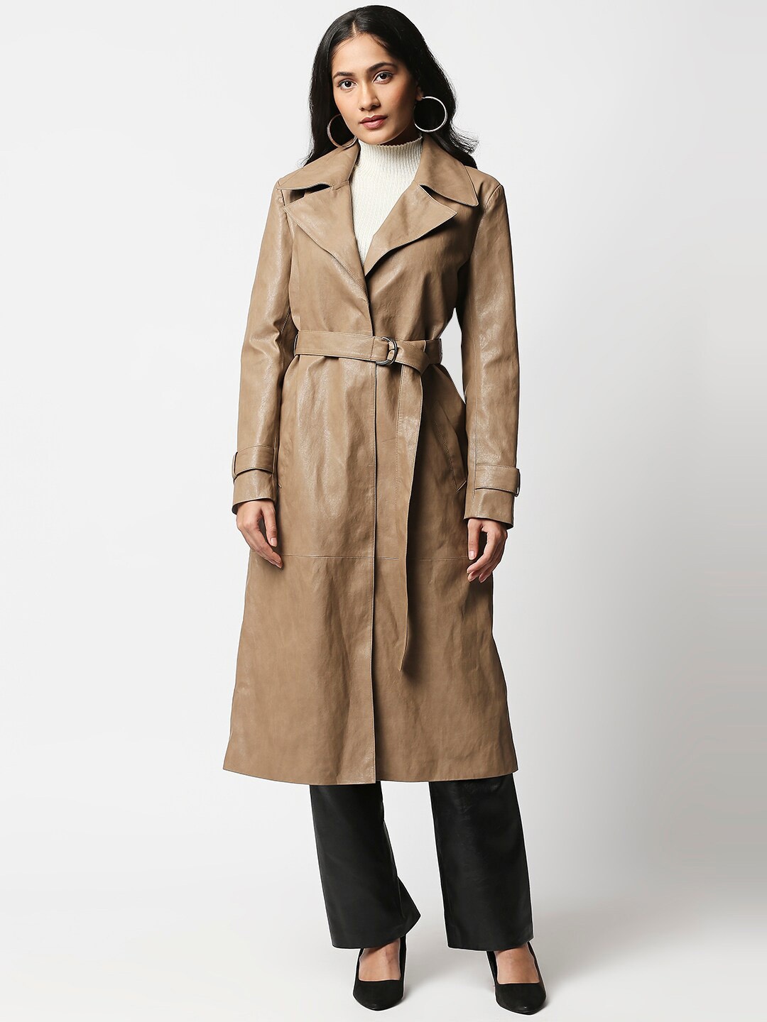

20Dresses Women Beige Solid Leather Comfort-Fit Overcoat